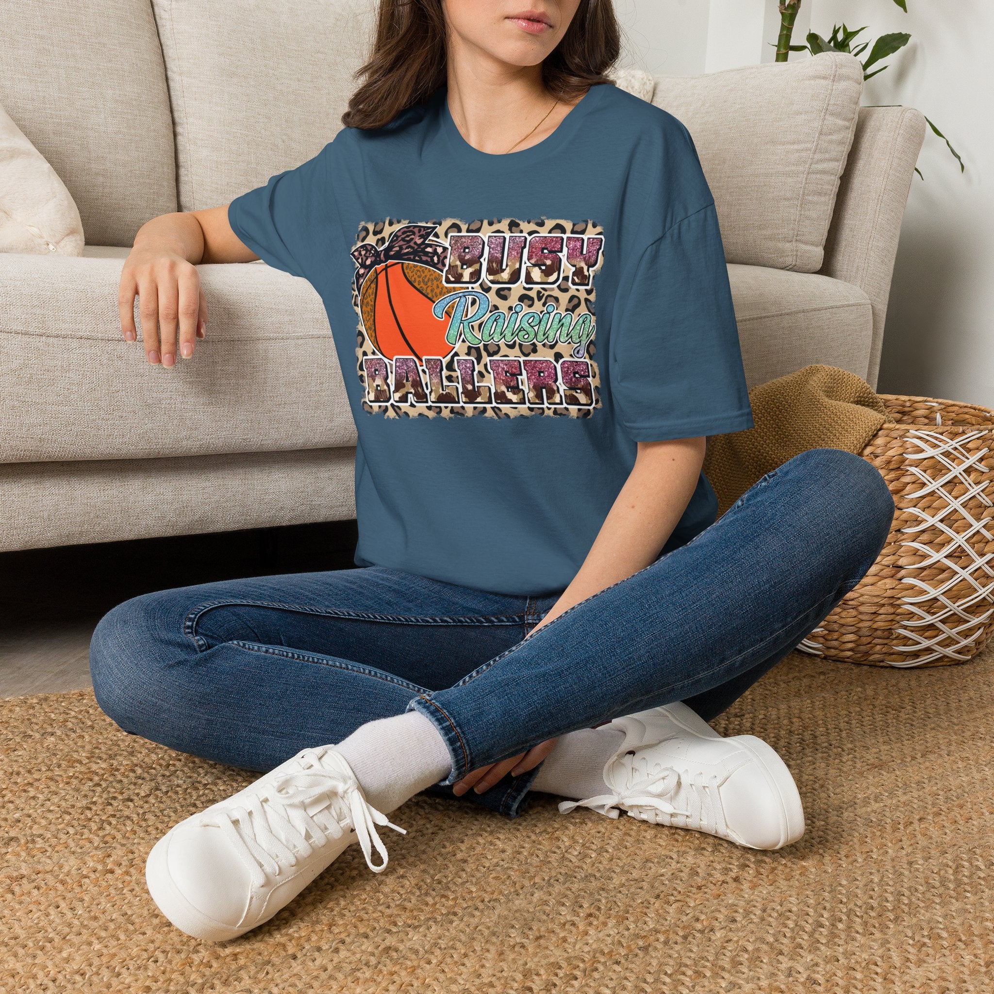 Busy Raising Ballers Basketball Mom T-Shirt — Leopard Print Hoop Design