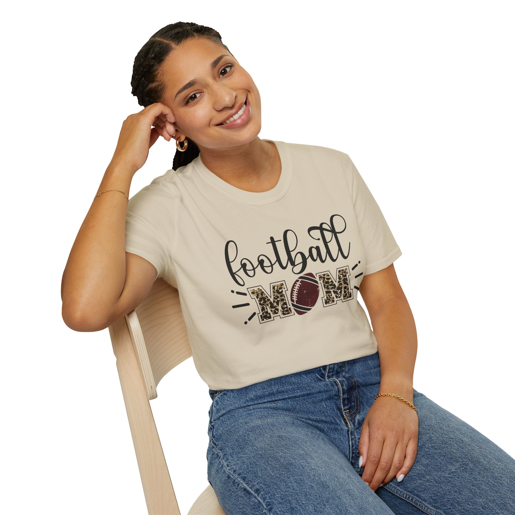 Football Mom Leopard Print Tee — Cute Script Design with Football Graphic