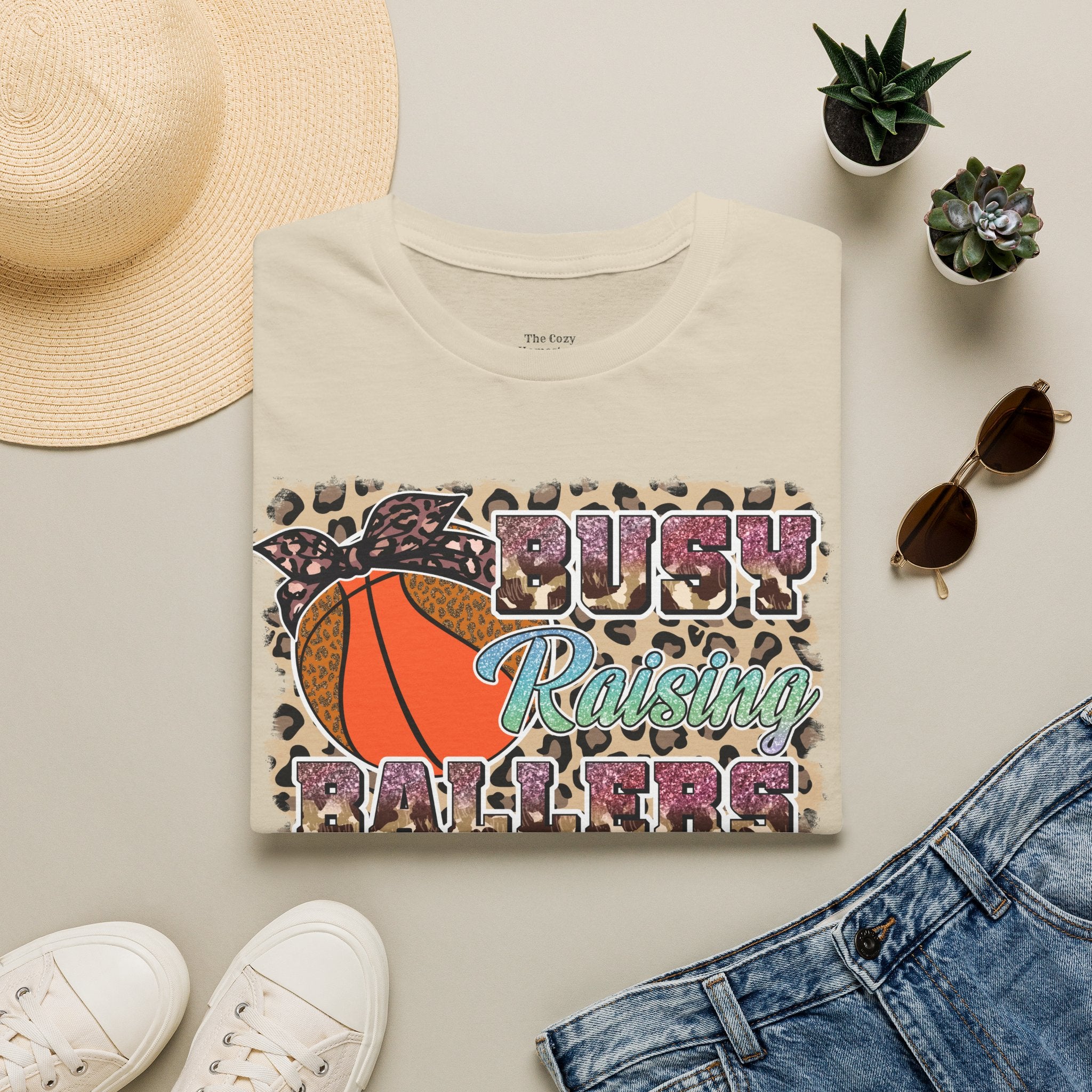 Busy Raising Ballers Basketball Mom T-Shirt — Leopard Print Hoop Design