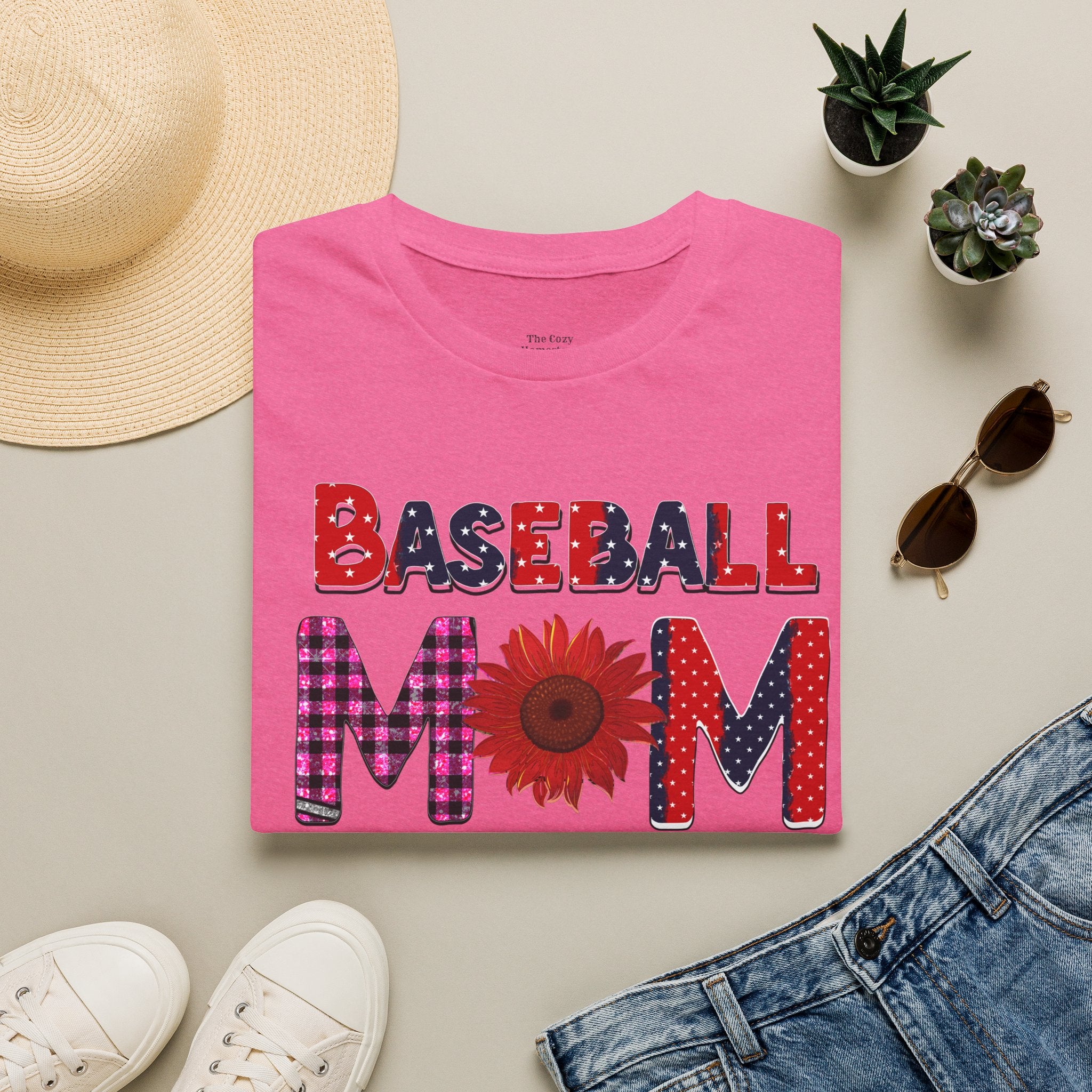 Baseball Mom T-Shirt — Floral Sunflower & Plaid Lettering