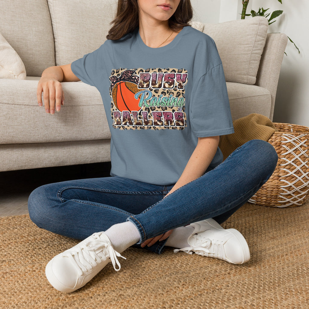 Busy Raising Ballers Basketball Mom T-Shirt — Leopard Print Hoop Design