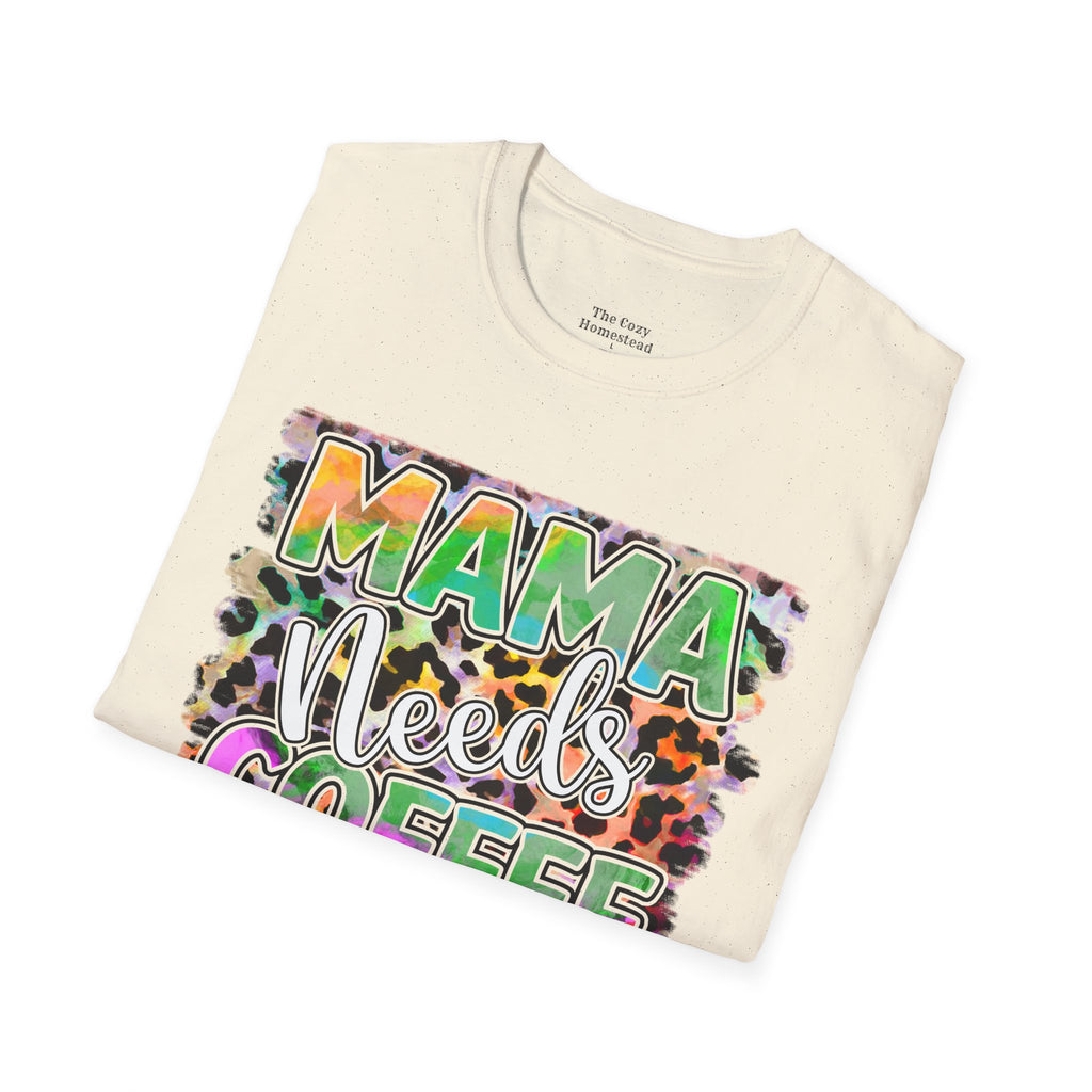 Mama Needs Coffee T-Shirt — Colorful Leopard Print Mom Coffee Tee