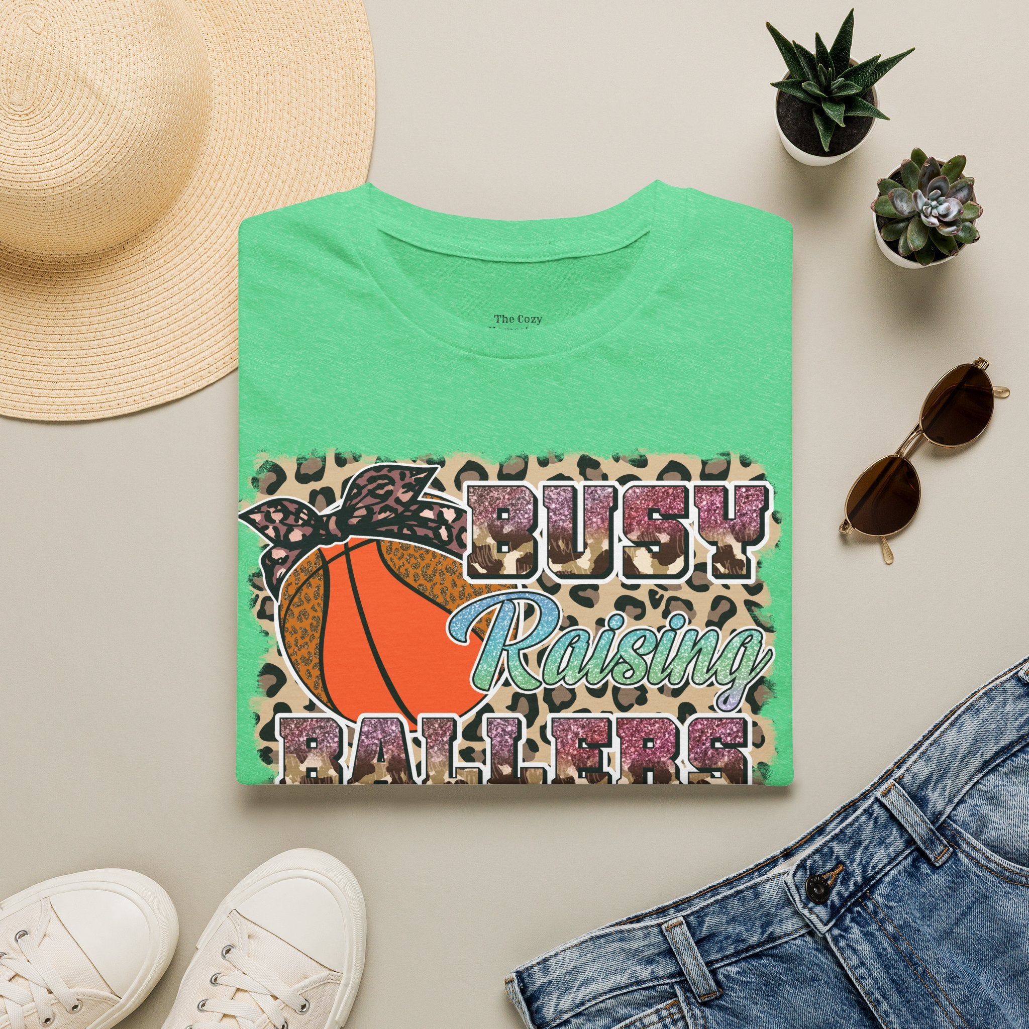 Busy Raising Ballers Basketball Mom T-Shirt — Leopard Print Hoop Design
