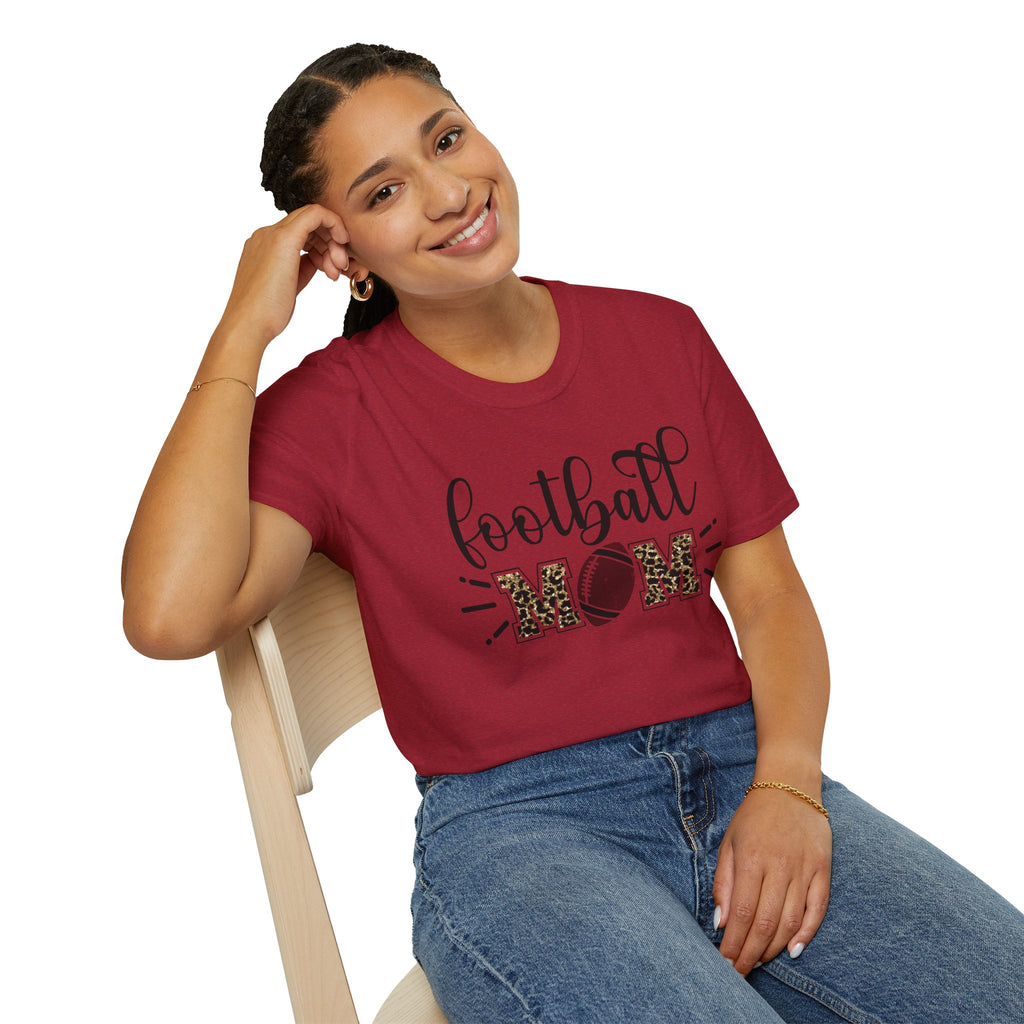 Football Mom Leopard Print Tee — Cute Script Design with Football Graphic