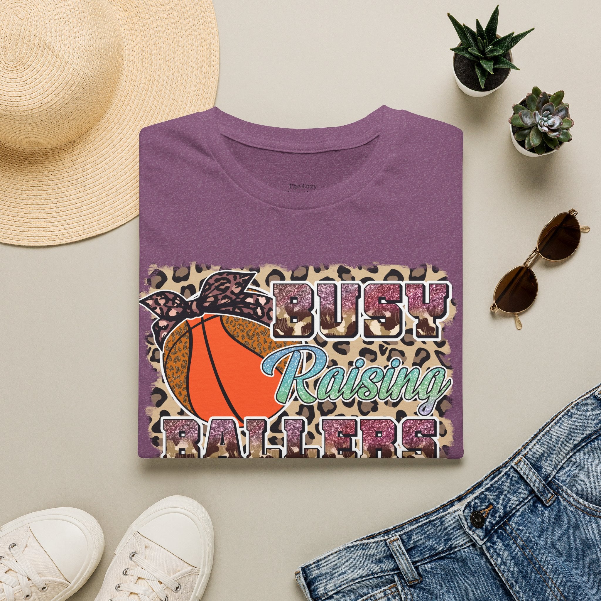 Busy Raising Ballers Basketball Mom T-Shirt — Leopard Print Hoop Design