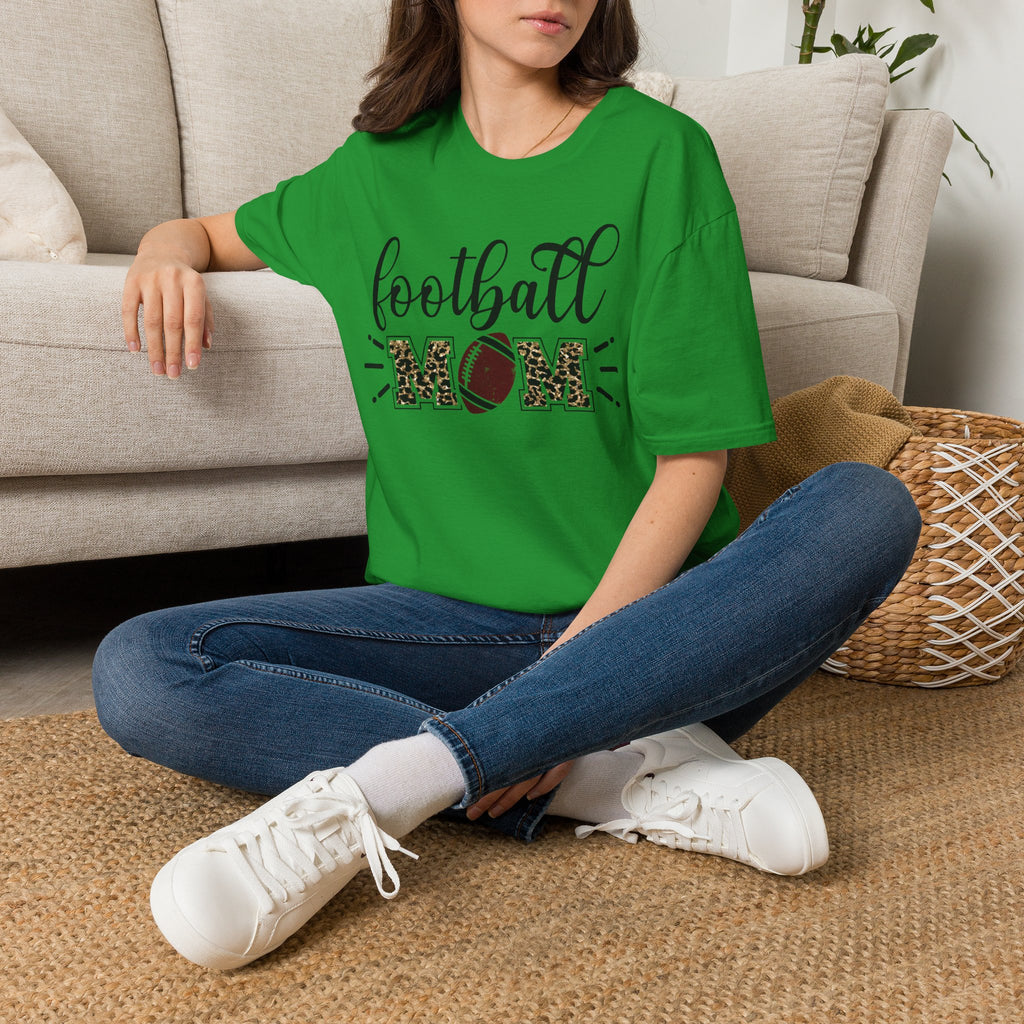 Football Mom Leopard Print Tee — Cute Script Design with Football Graphic