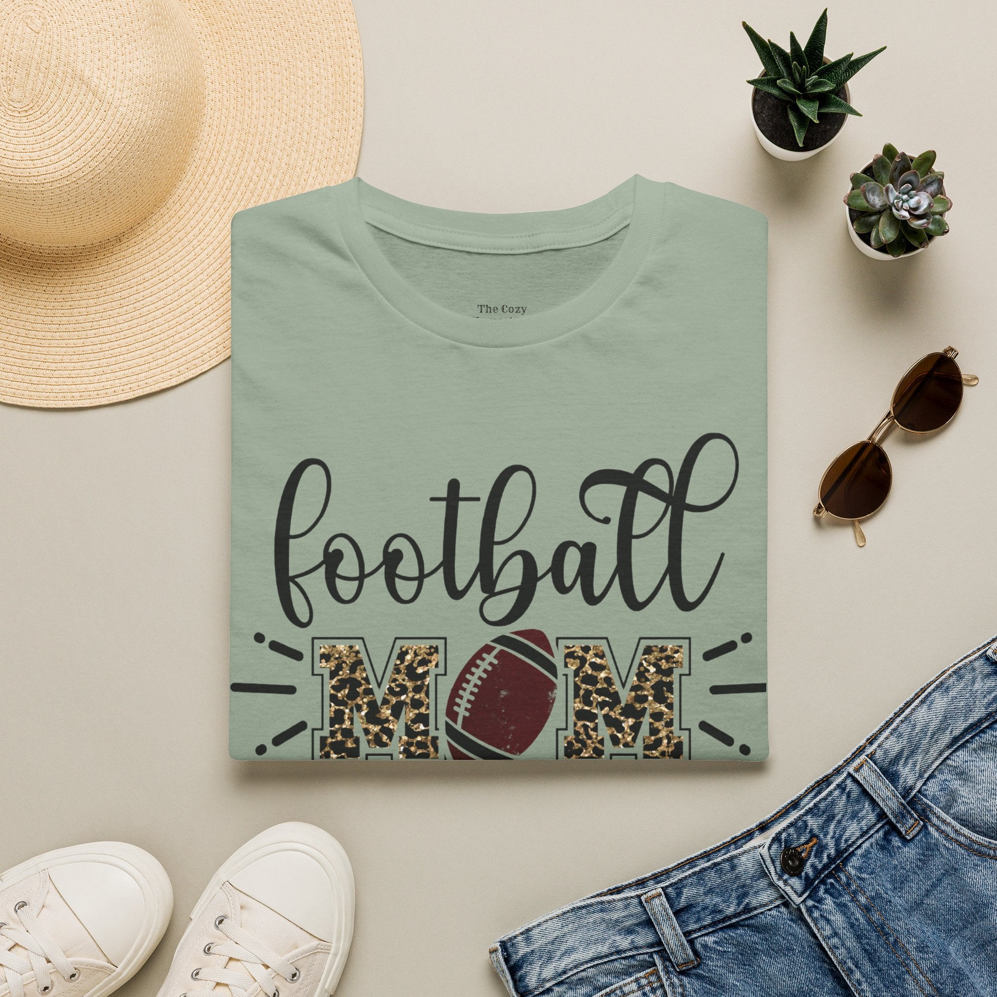 Football Mom Leopard Print Tee — Cute Script Design with Football Graphic