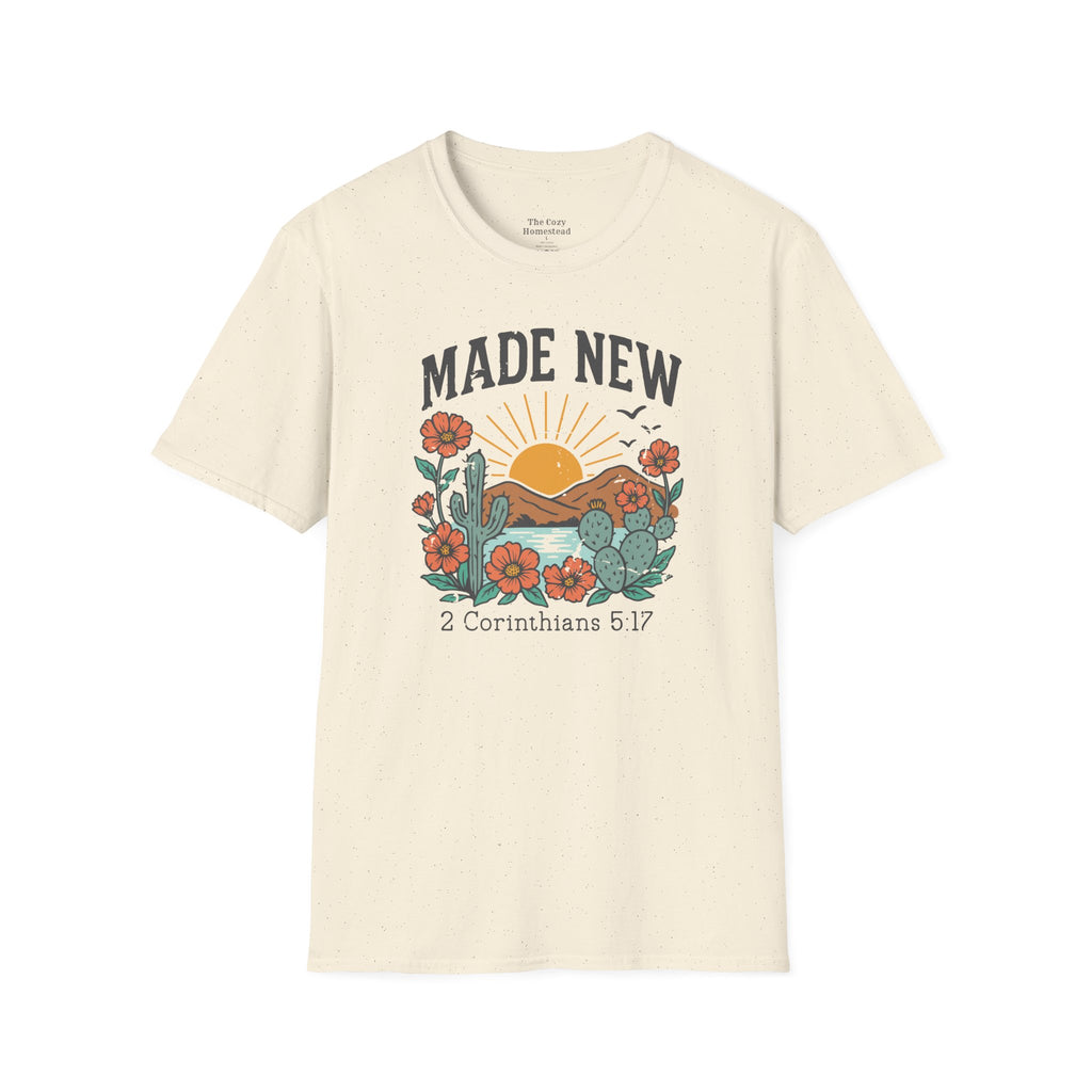 Made New T-Shirt — Vintage Desert Sunrise Christian Graphic Tee (2 Corinthians 5:17)
