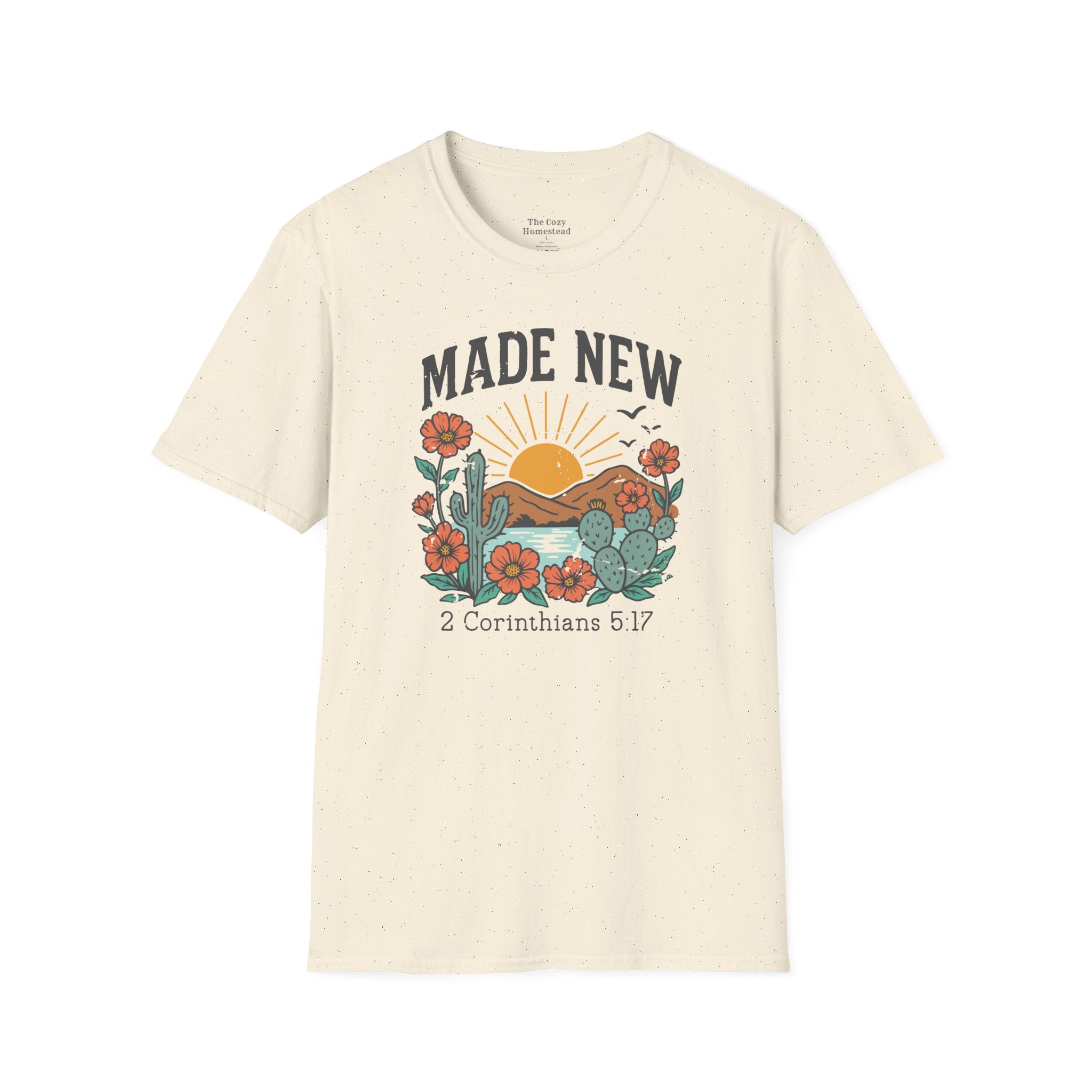 Made New T-Shirt — Vintage Desert Sunrise Christian Graphic Tee (2 Corinthians 5:17)