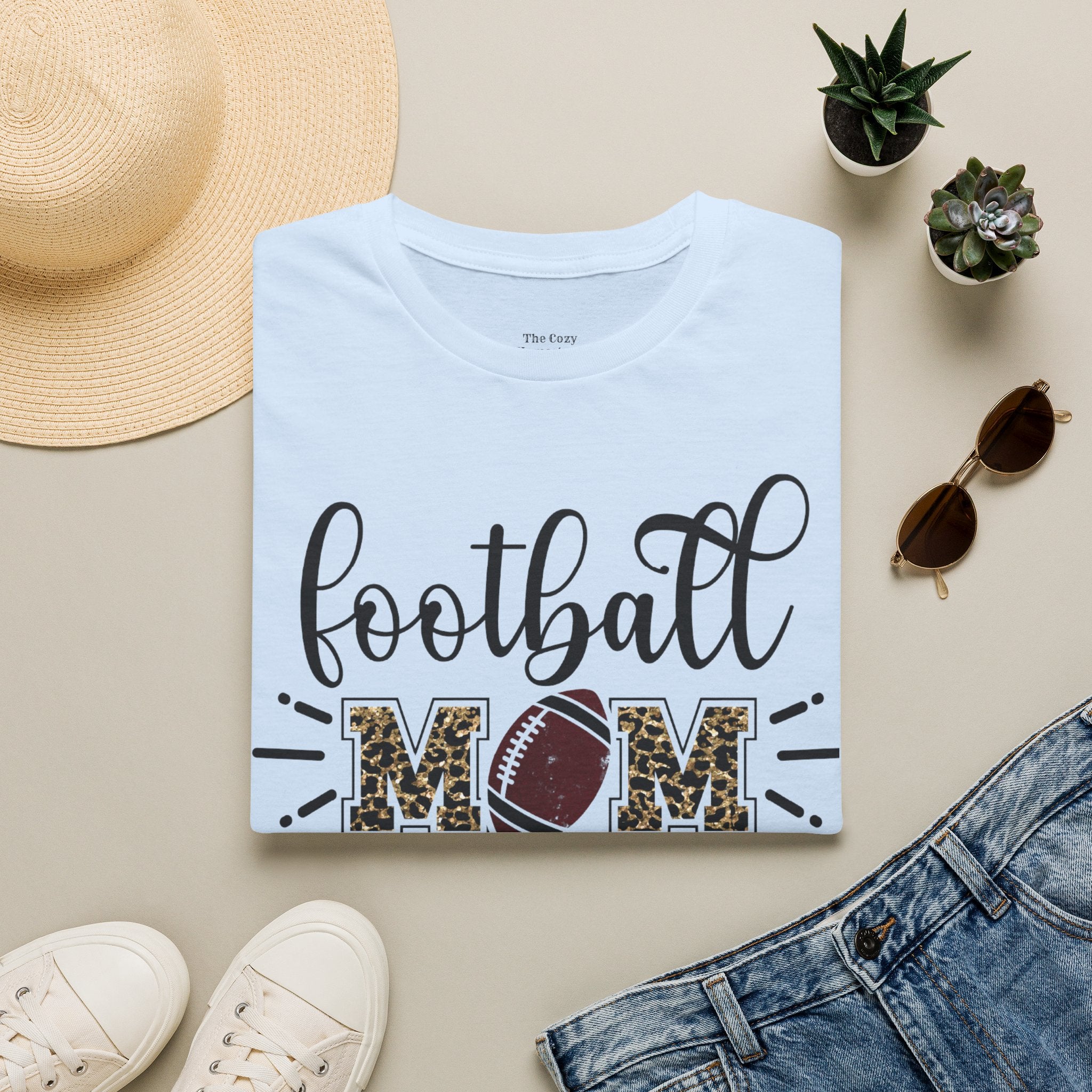 Football Mom Leopard Print Tee — Cute Script Design with Football Graphic