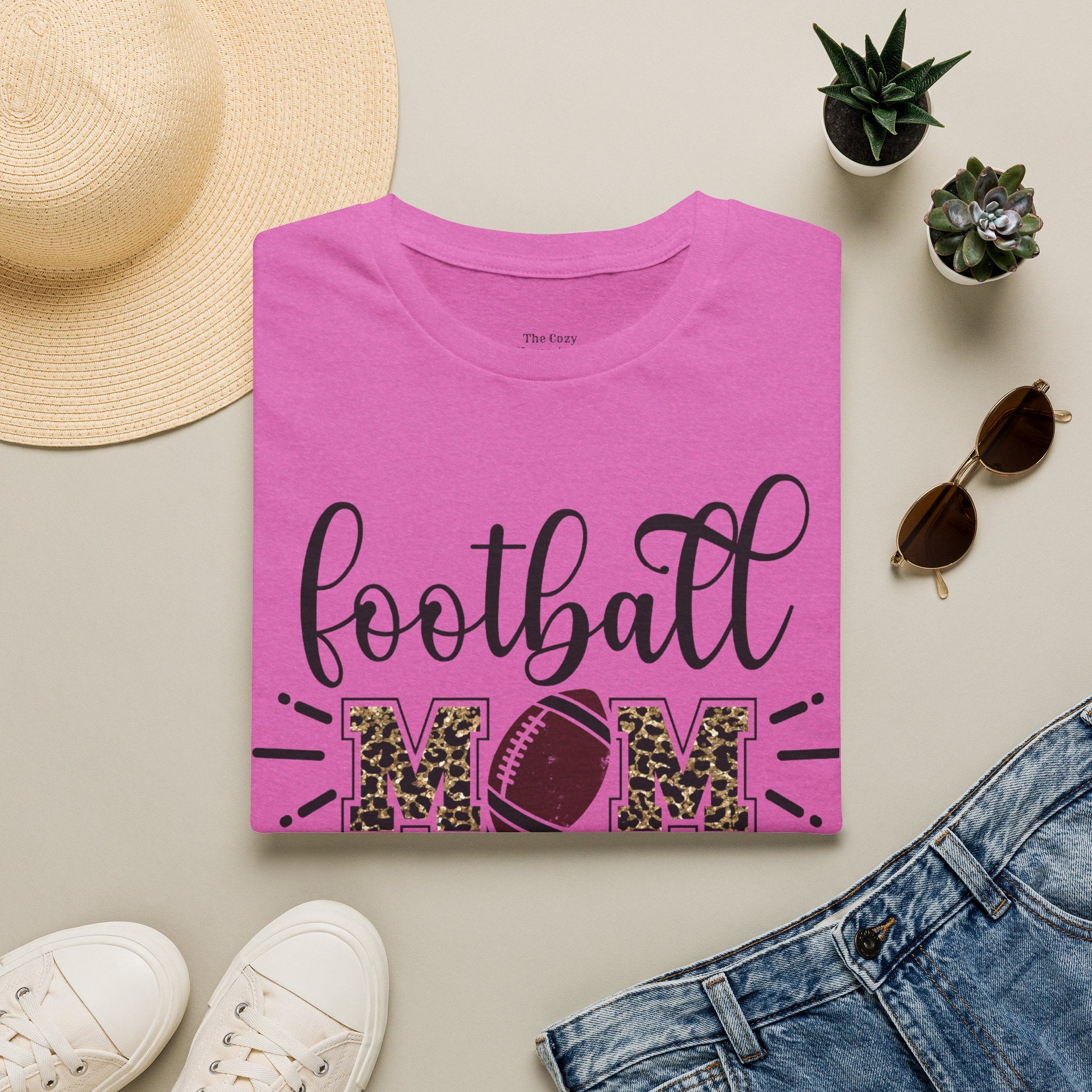Football Mom Leopard Print Tee — Cute Script Design with Football Graphic