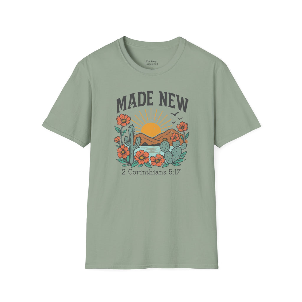 Made New T-Shirt — Vintage Desert Sunrise Christian Graphic Tee (2 Corinthians 5:17)