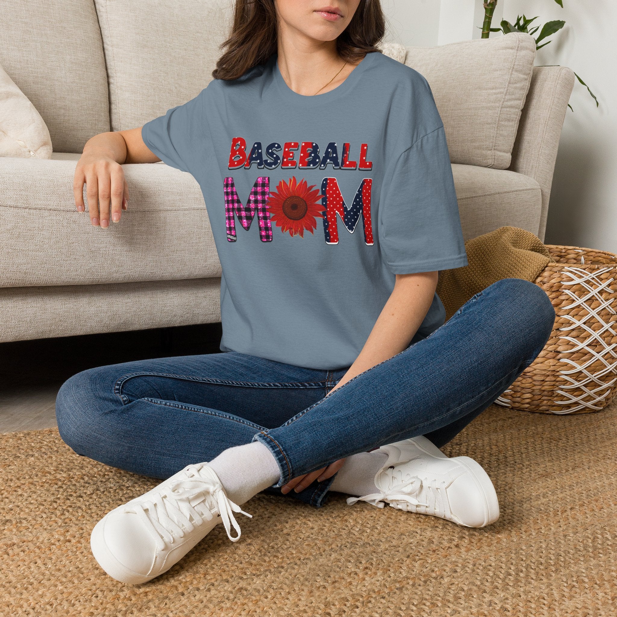 Baseball Mom T-Shirt — Floral Sunflower & Plaid Lettering