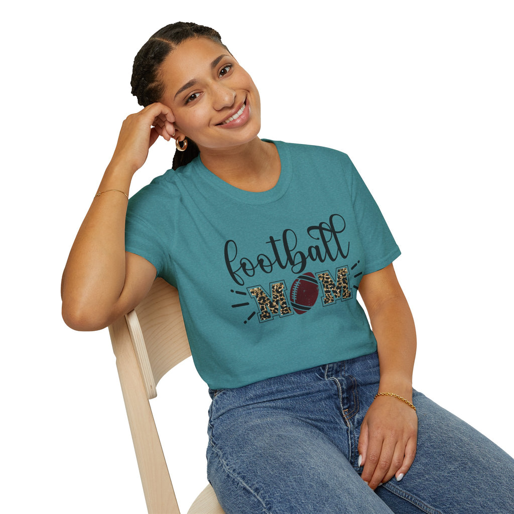 Football Mom Leopard Print Tee — Cute Script Design with Football Graphic
