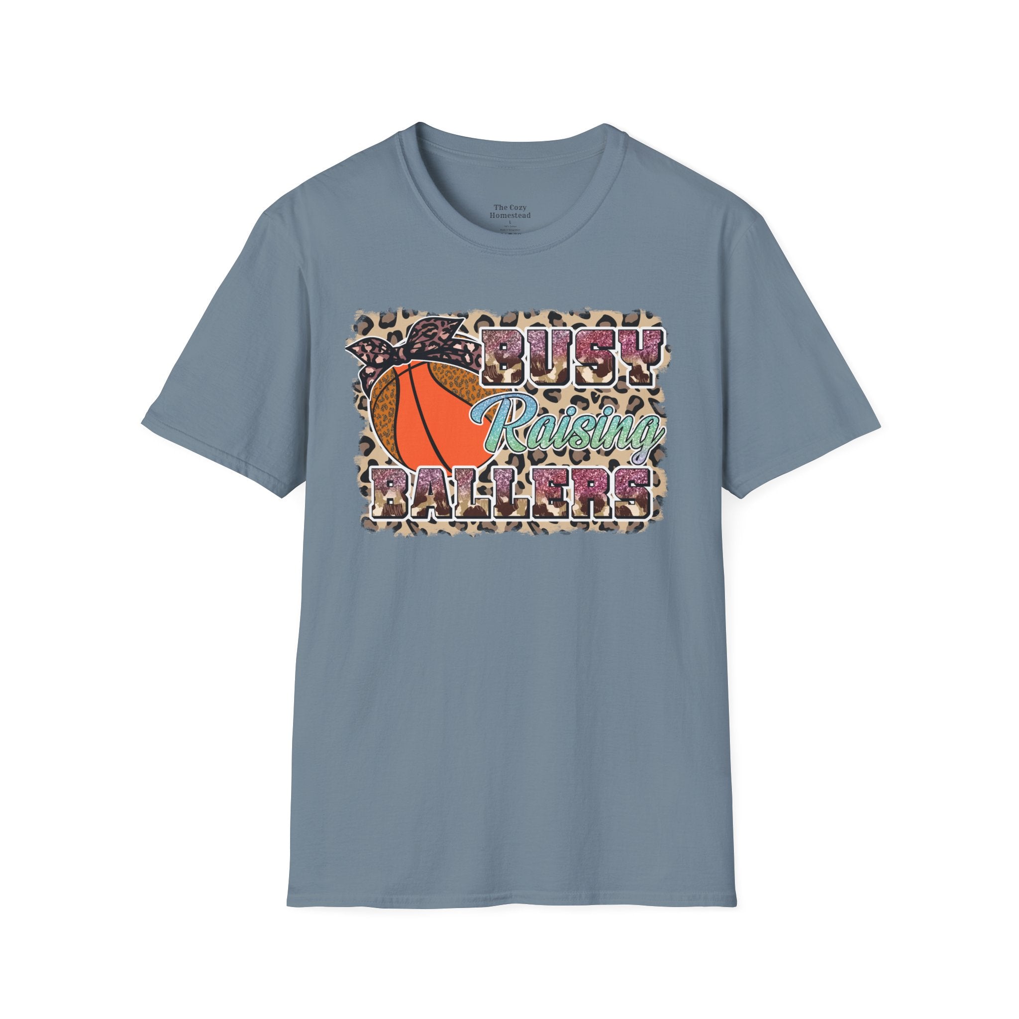 Busy Raising Ballers Basketball Mom T-Shirt — Leopard Print Hoop Design