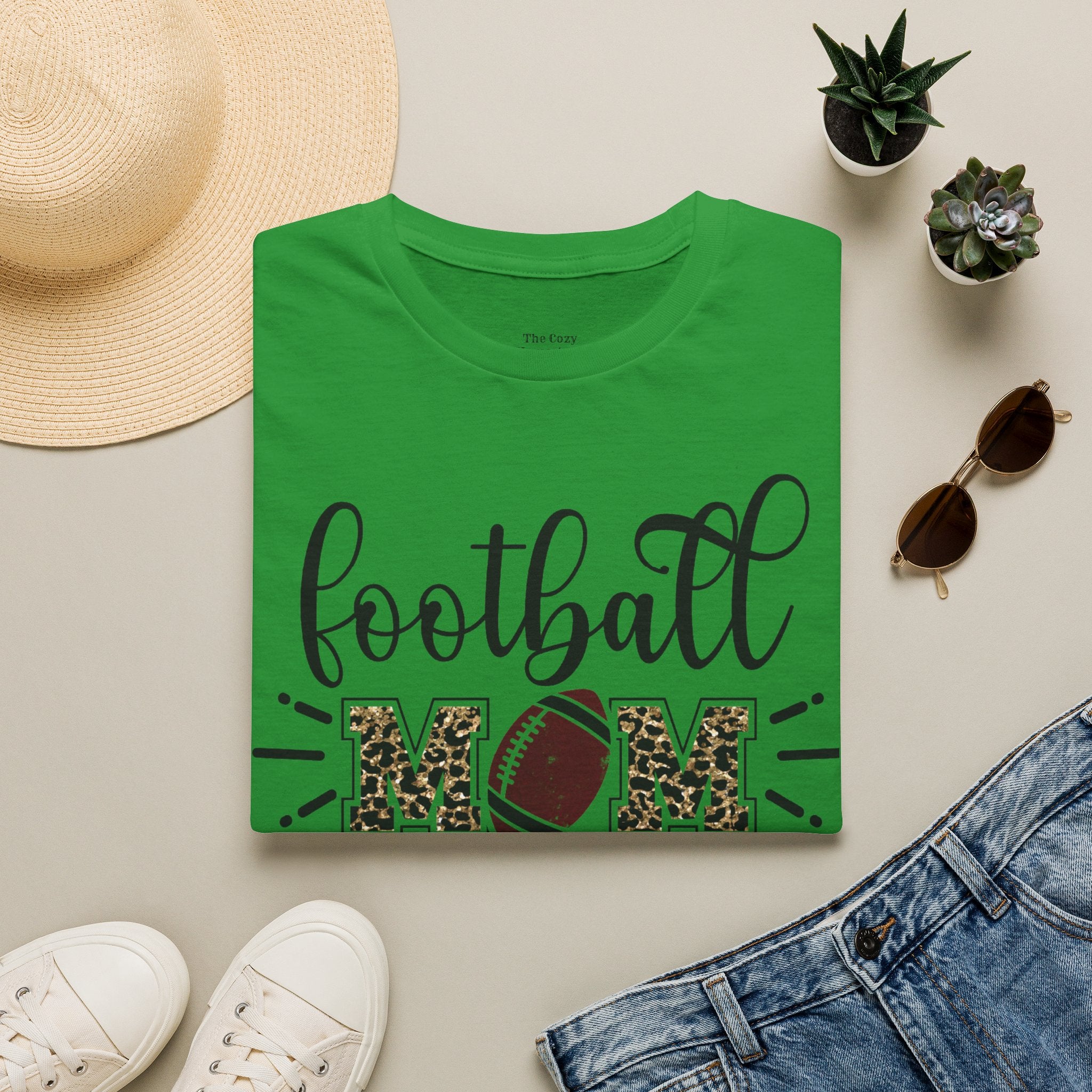 Football Mom Leopard Print Tee — Cute Script Design with Football Graphic