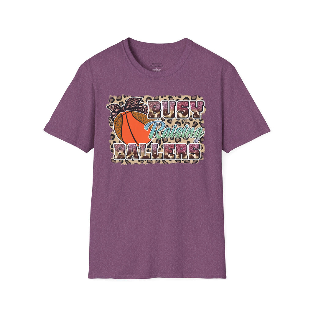 Busy Raising Ballers Basketball Mom T-Shirt — Leopard Print Hoop Design