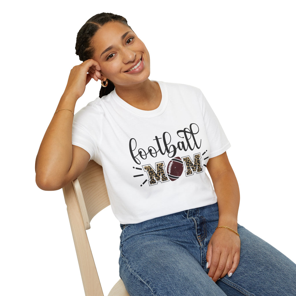 Football Mom Leopard Print Tee — Cute Script Design with Football Graphic