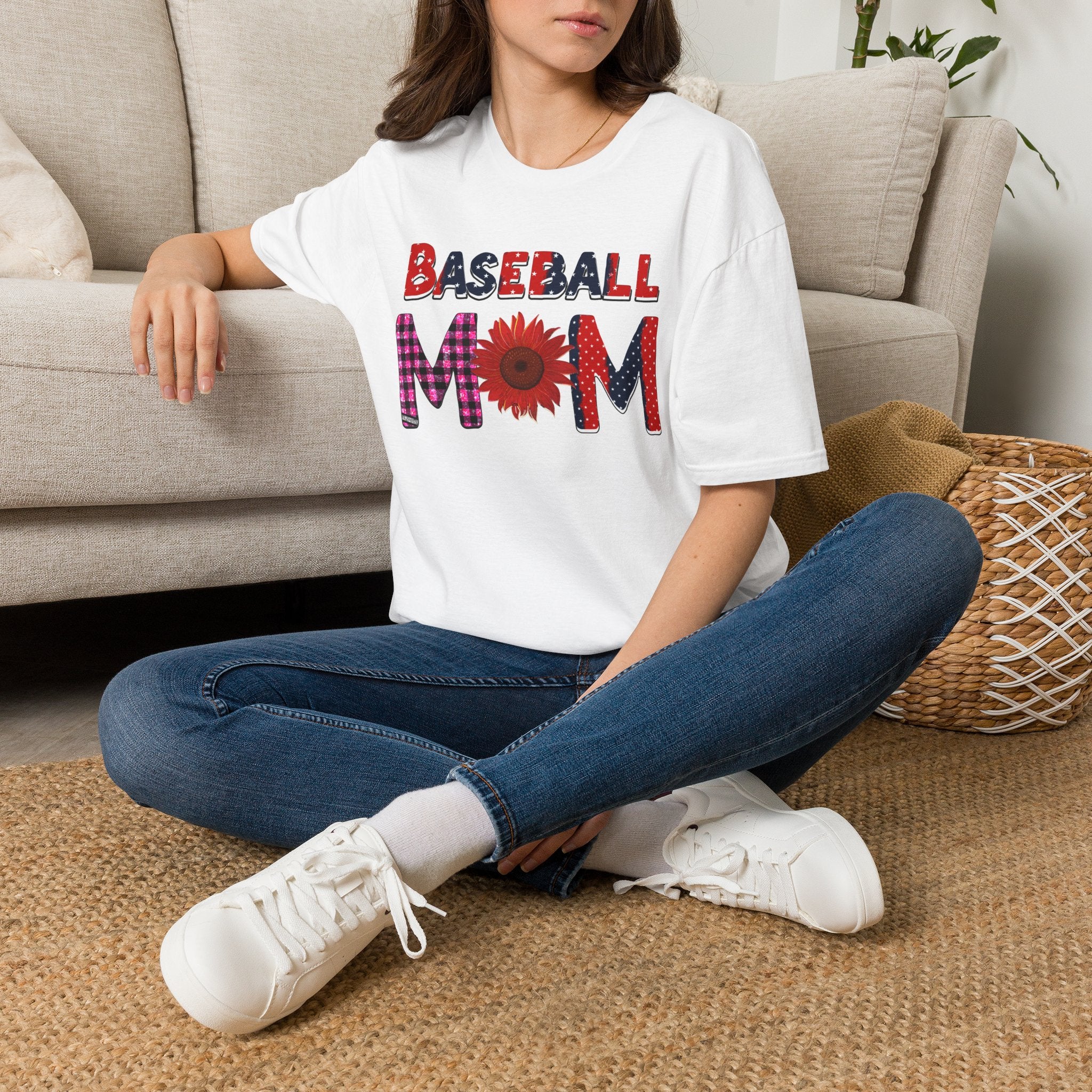 Baseball Mom T-Shirt — Floral Sunflower & Plaid Lettering