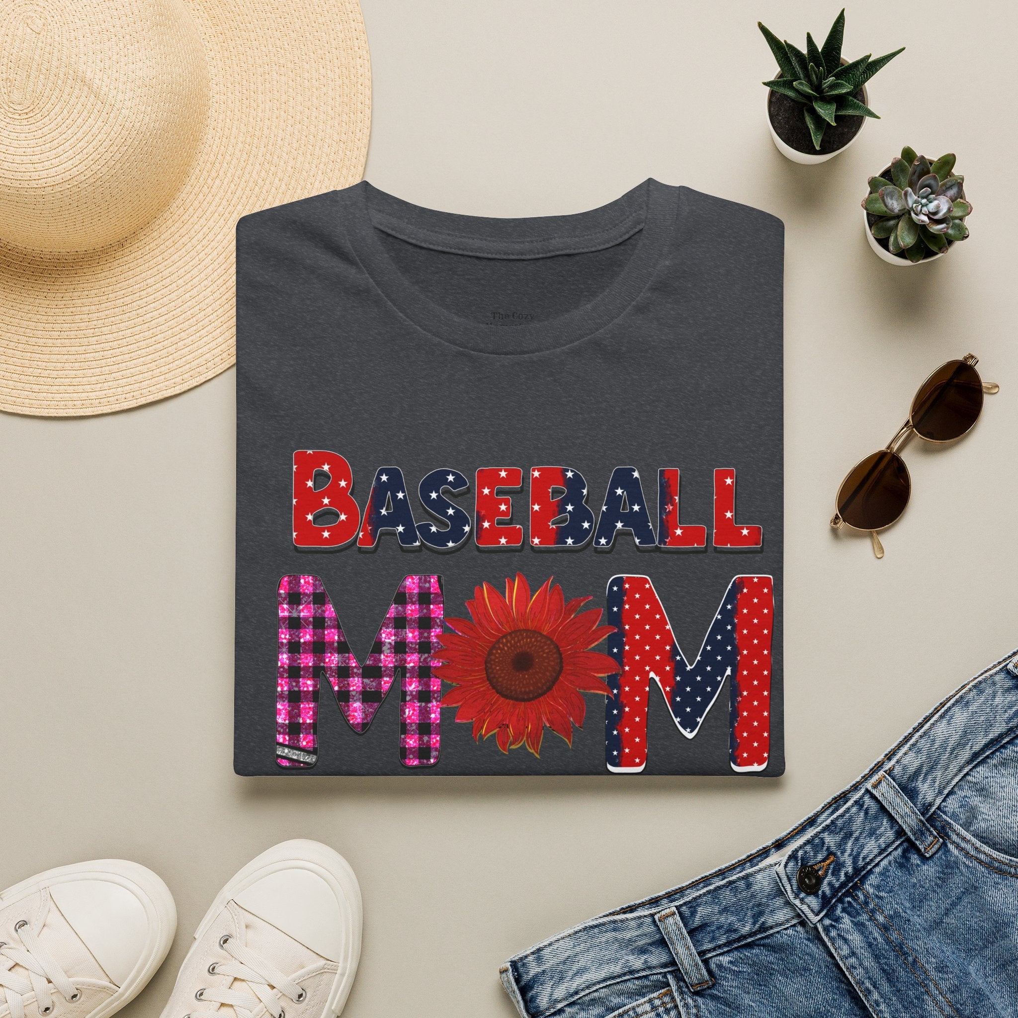 Baseball Mom T-Shirt — Floral Sunflower & Plaid Lettering