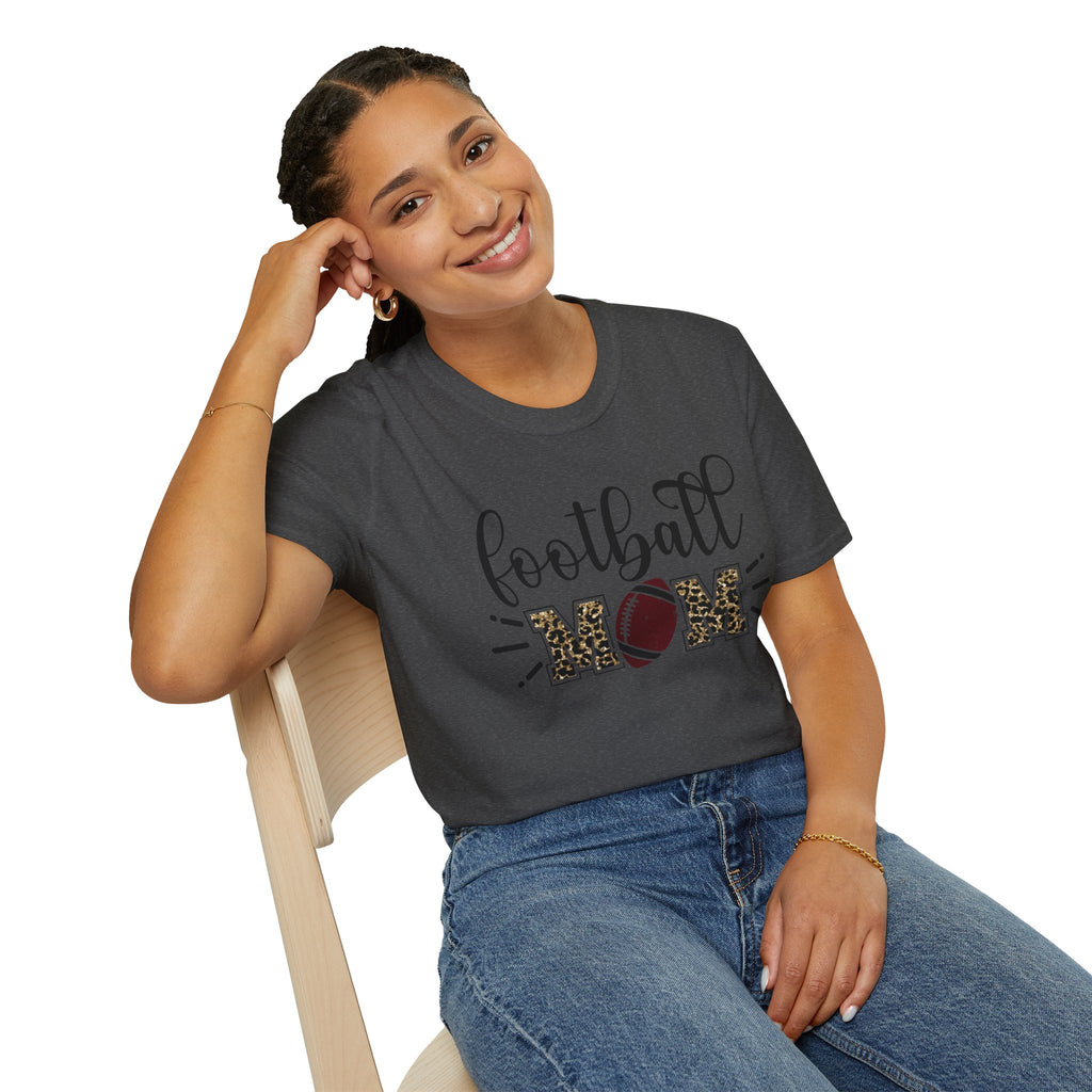 Football Mom Leopard Print Tee — Cute Script Design with Football Graphic