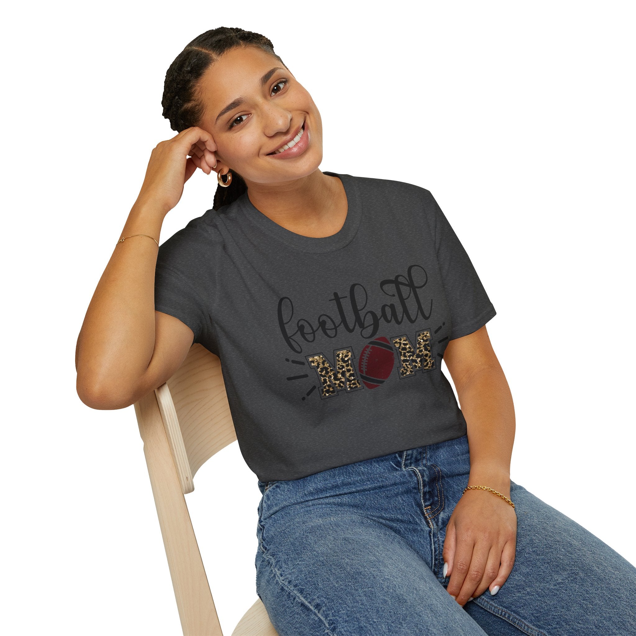 Football Mom Leopard Print Tee — Cute Script Design with Football Graphic