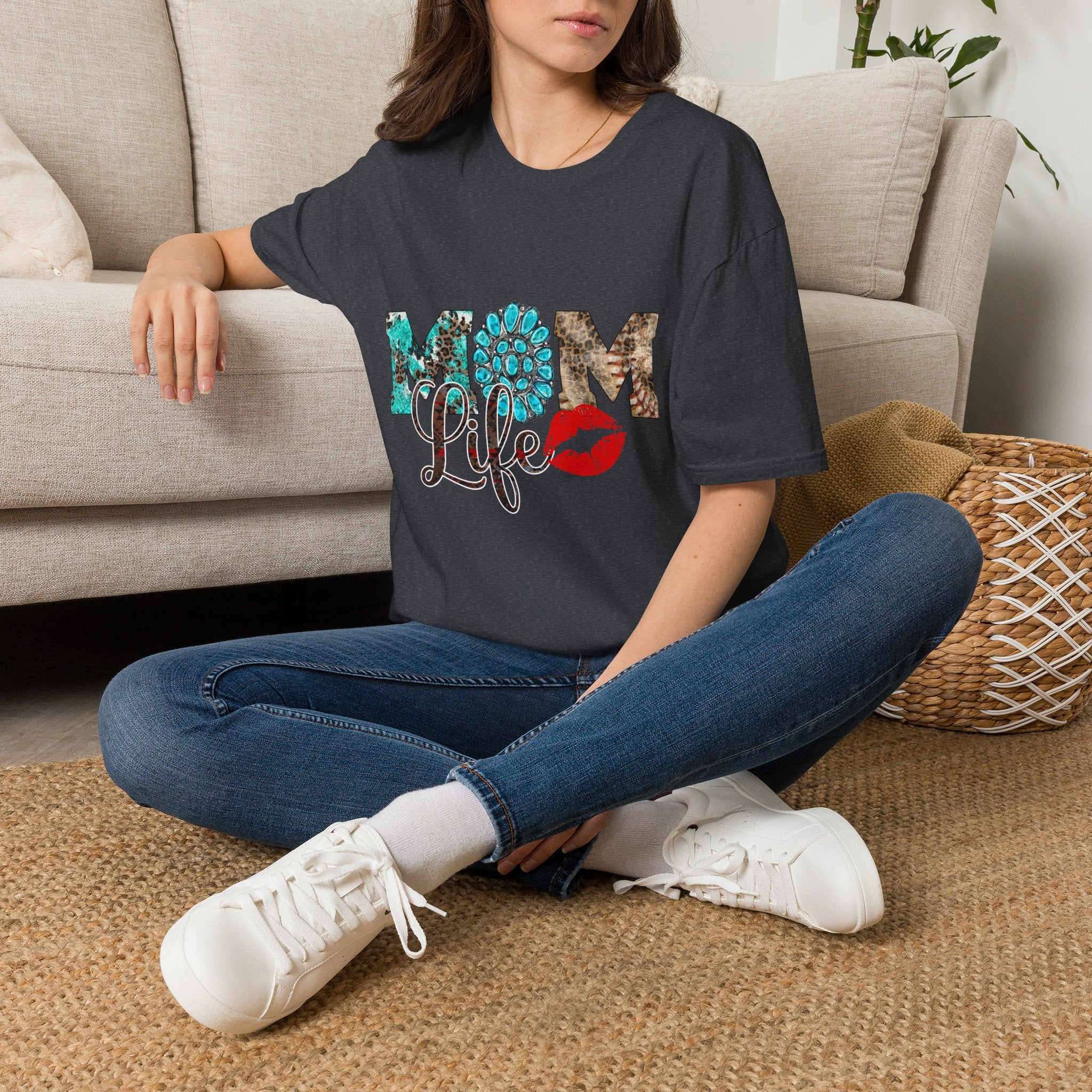 Mom Life T-Shirt – Turquoise Floral & Lip Print Tee