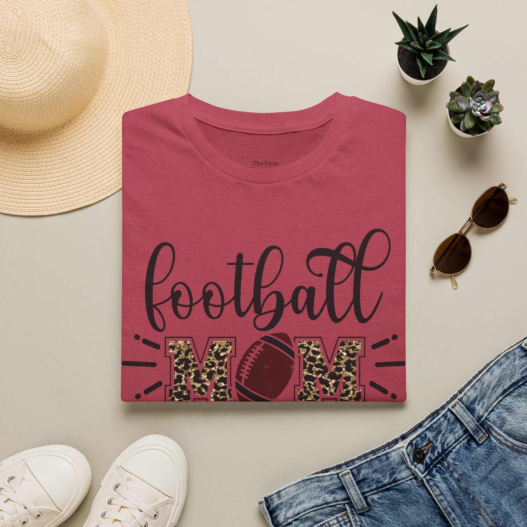 Football Mom Leopard Print Tee — Cute Script Design with Football Graphic