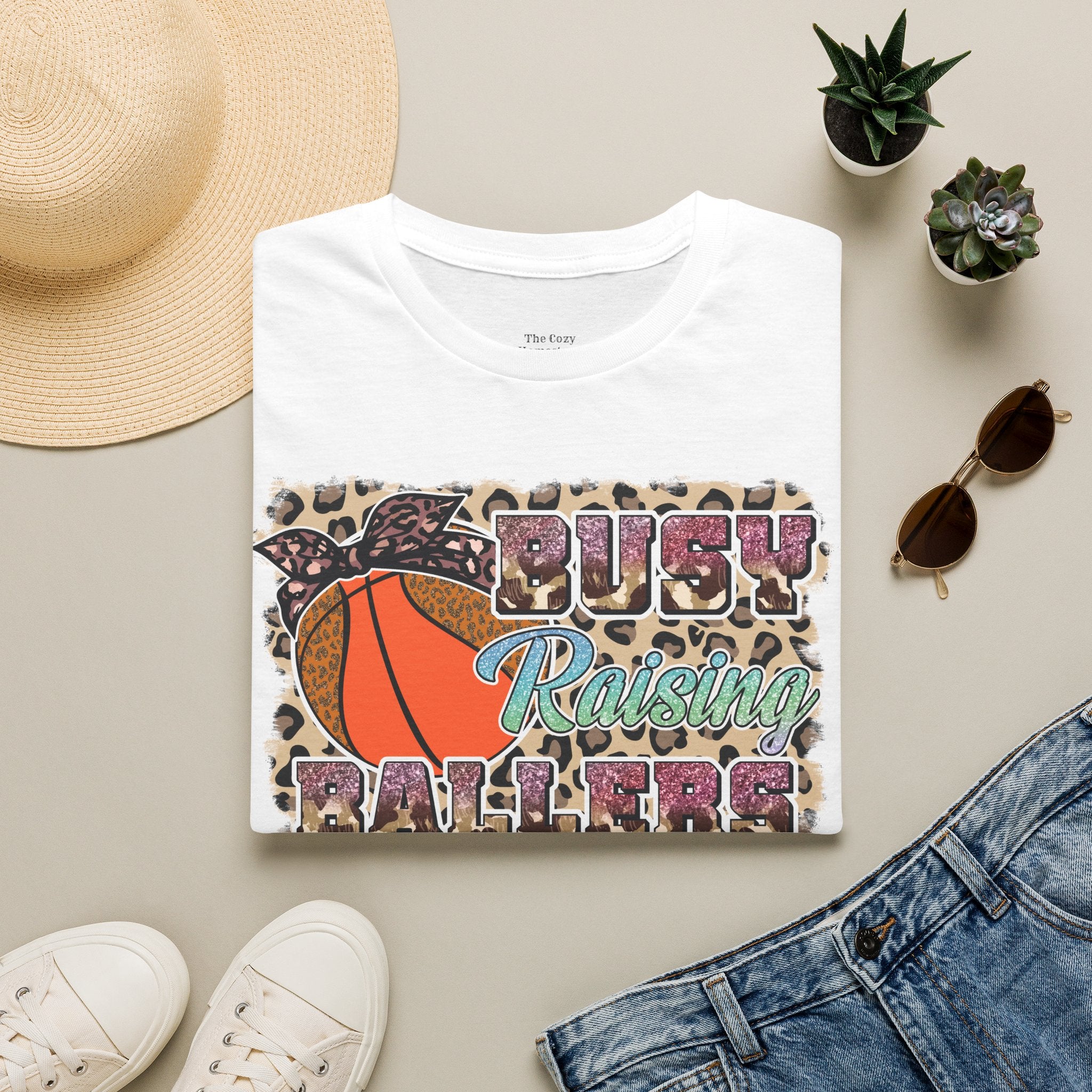 Busy Raising Ballers Basketball Mom T-Shirt — Leopard Print Hoop Design