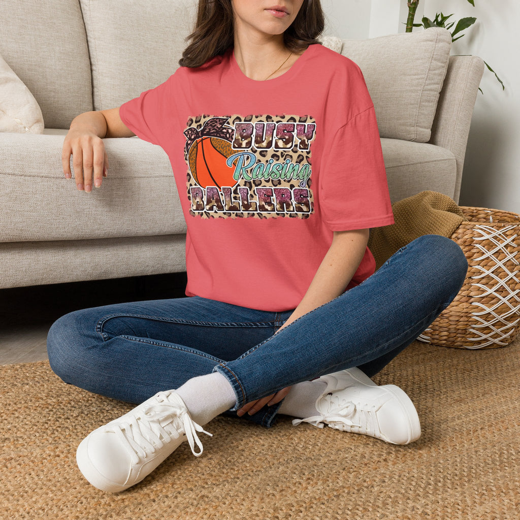 Busy Raising Ballers Basketball Mom T-Shirt — Leopard Print Hoop Design
