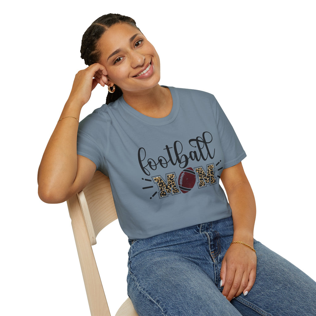 Football Mom Leopard Print Tee — Cute Script Design with Football Graphic