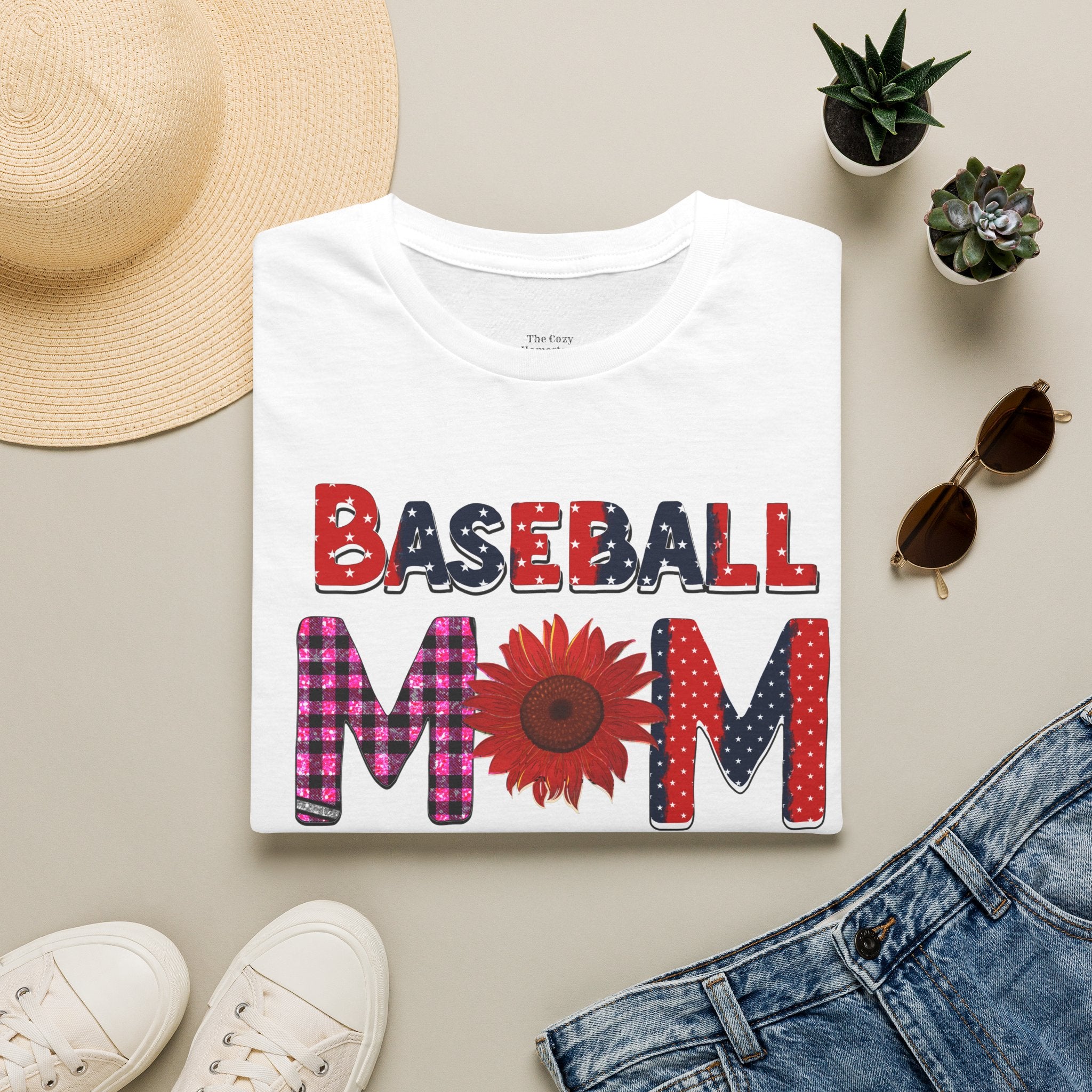 Baseball Mom T-Shirt — Floral Sunflower & Plaid Lettering
