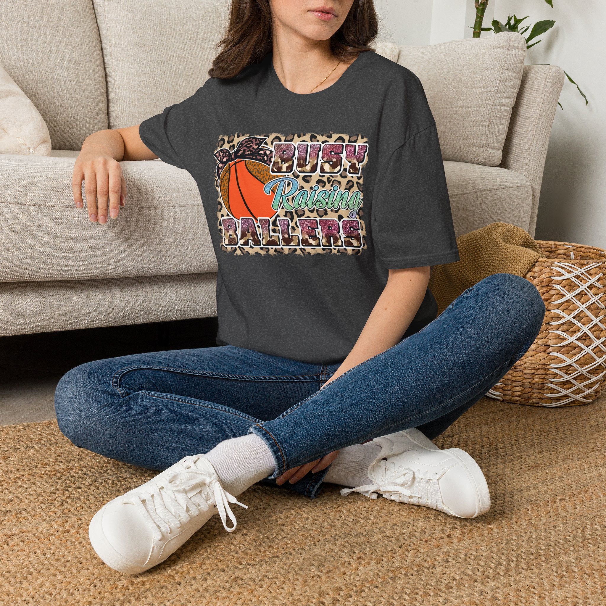 Busy Raising Ballers Basketball Mom T-Shirt — Leopard Print Hoop Design