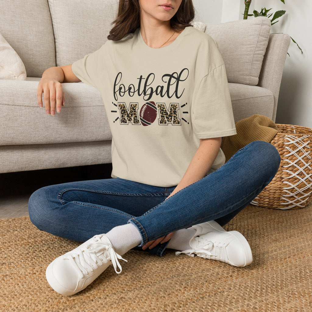 Football Mom Leopard Print Tee — Cute Script Design with Football Graphic