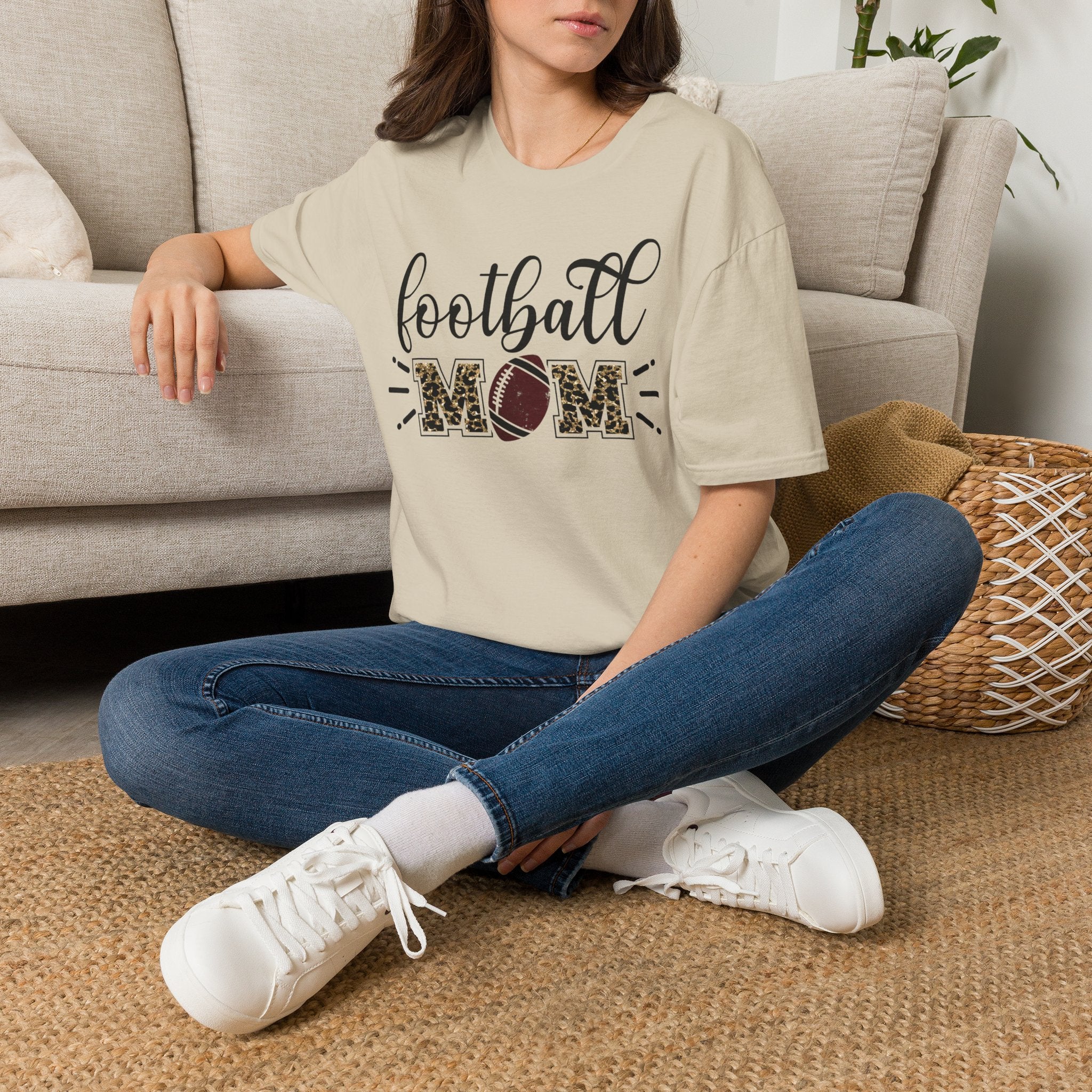 Football Mom Leopard Print Tee — Cute Script Design with Football Graphic