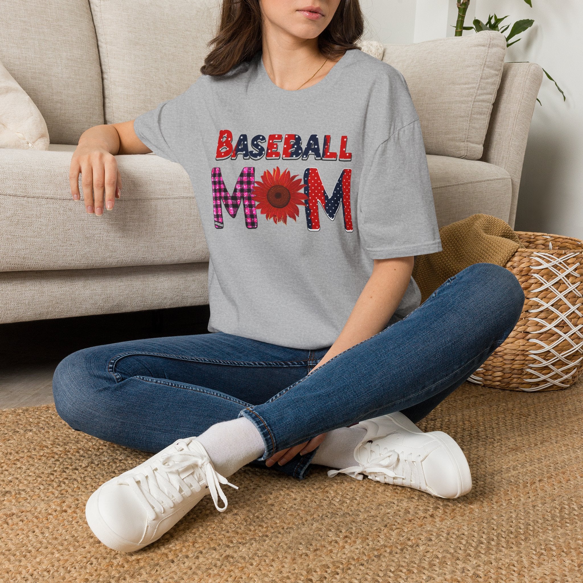 Baseball Mom T-Shirt — Floral Sunflower & Plaid Lettering