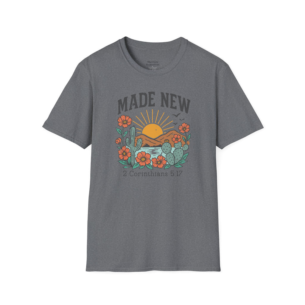 Made New T-Shirt — Vintage Desert Sunrise Christian Graphic Tee (2 Corinthians 5:17)