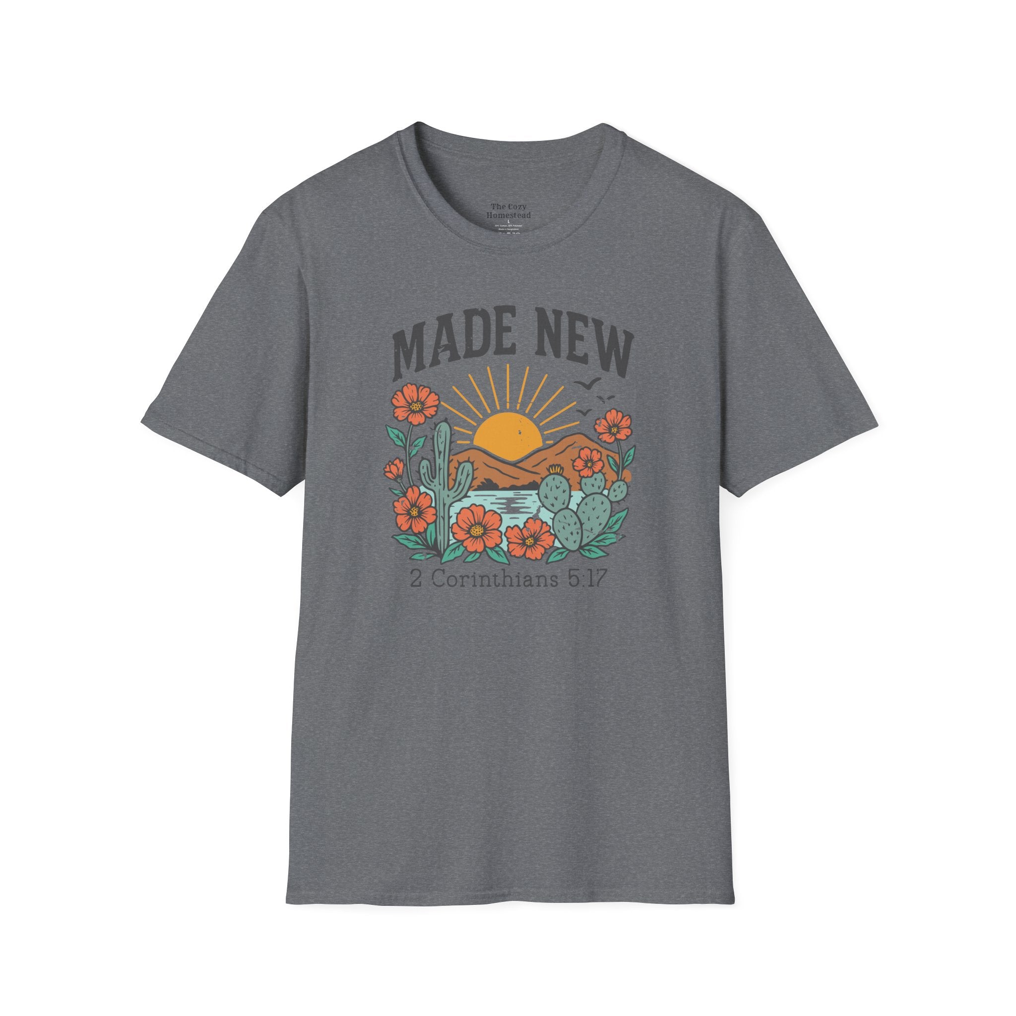 Made New T-Shirt — Vintage Desert Sunrise Christian Graphic Tee (2 Corinthians 5:17)