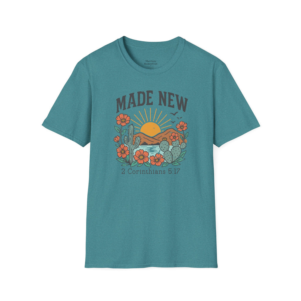 Made New T-Shirt — Vintage Desert Sunrise Christian Graphic Tee (2 Corinthians 5:17)