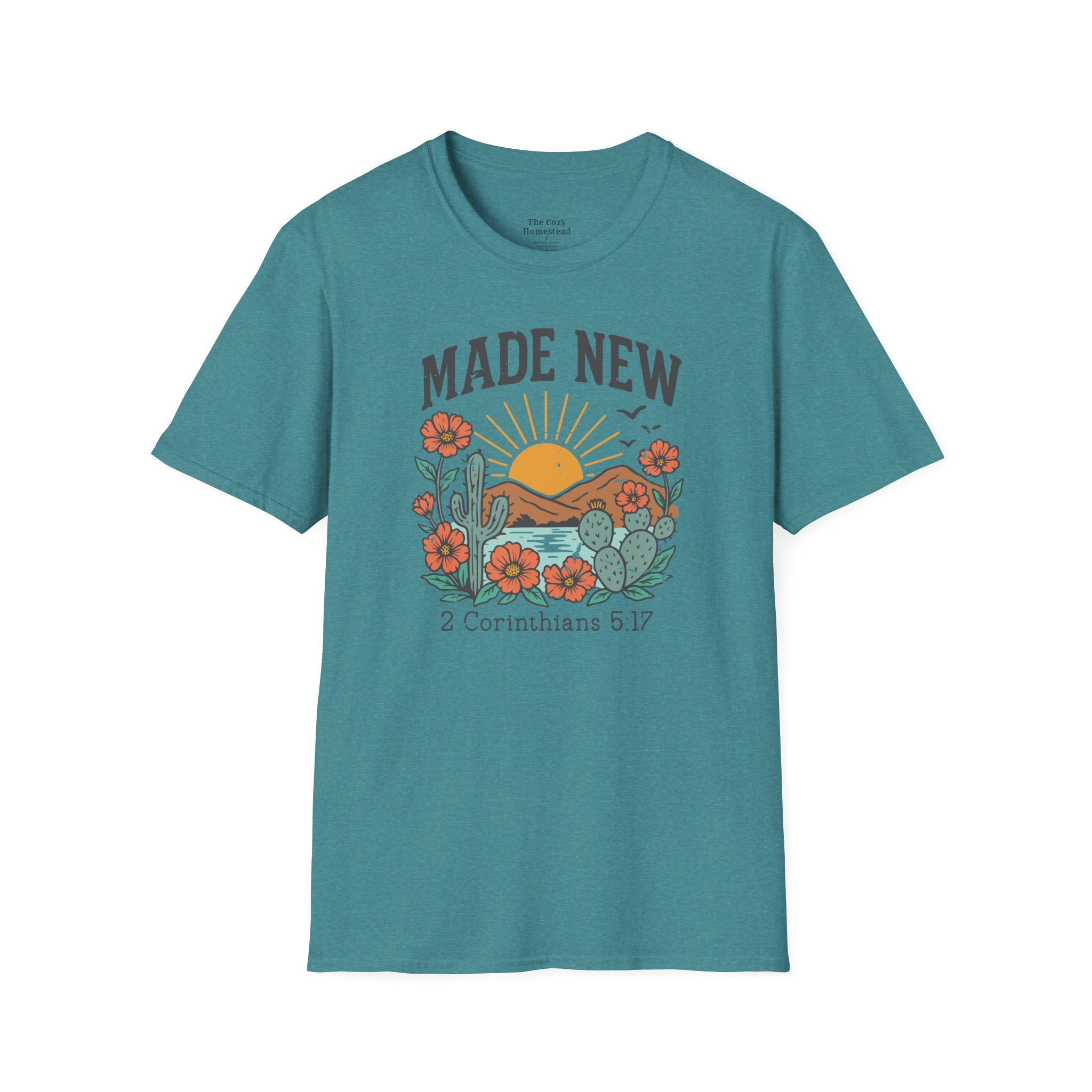 Made New T-Shirt — Vintage Desert Sunrise Christian Graphic Tee (2 Corinthians 5:17)