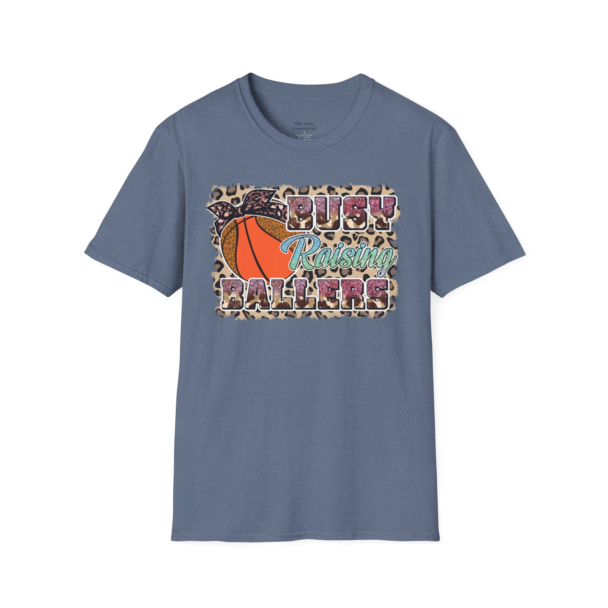 Busy Raising Ballers Basketball Mom T-Shirt — Leopard Print Hoop Design