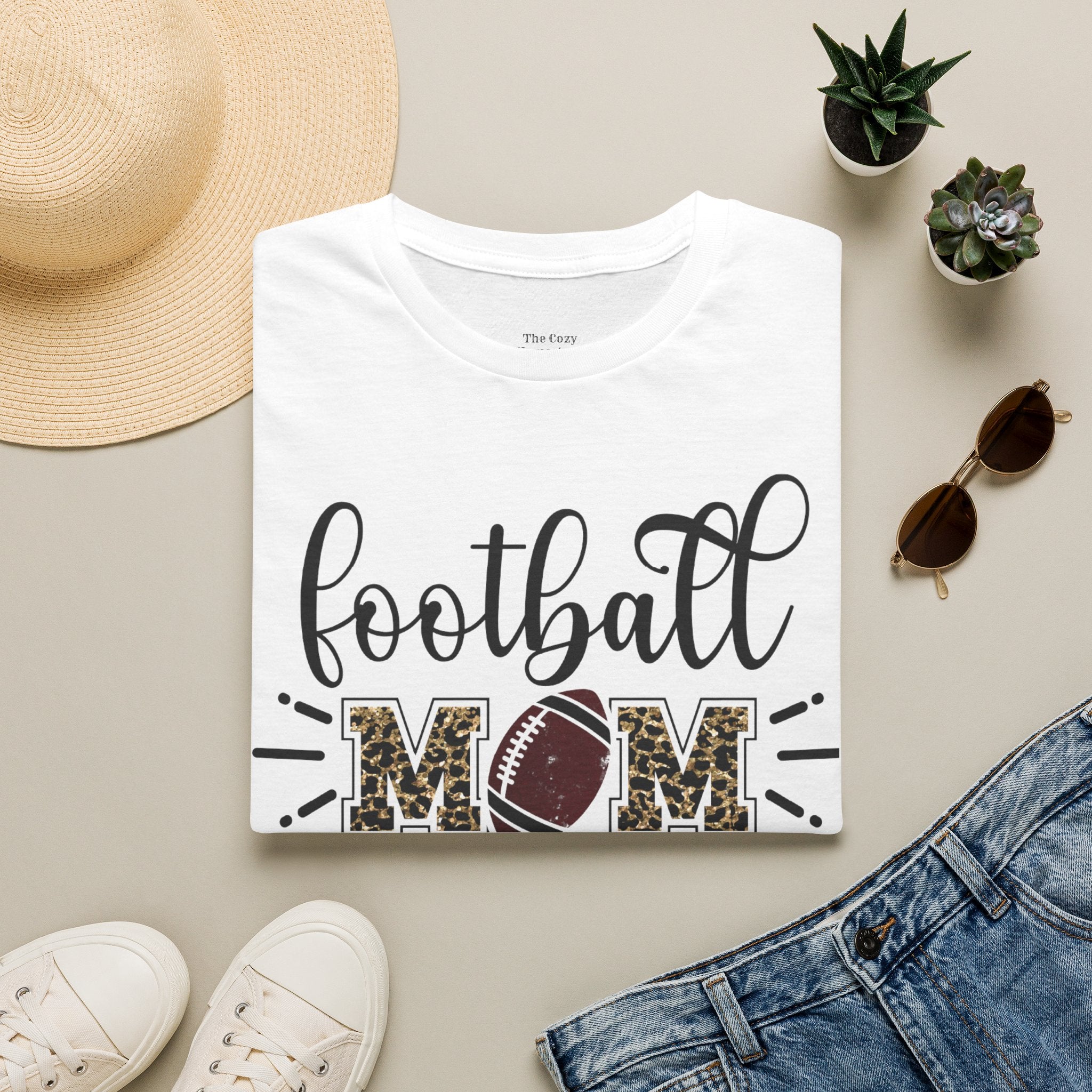 Football Mom Leopard Print Tee — Cute Script Design with Football Graphic