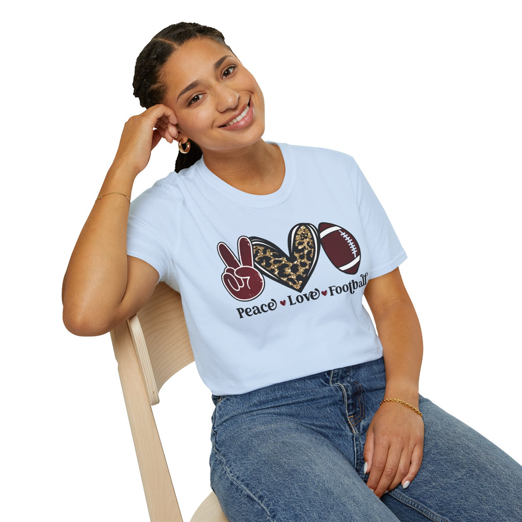 Peace Love Football T-Shirt — Leopard Accent Football Fan Tee