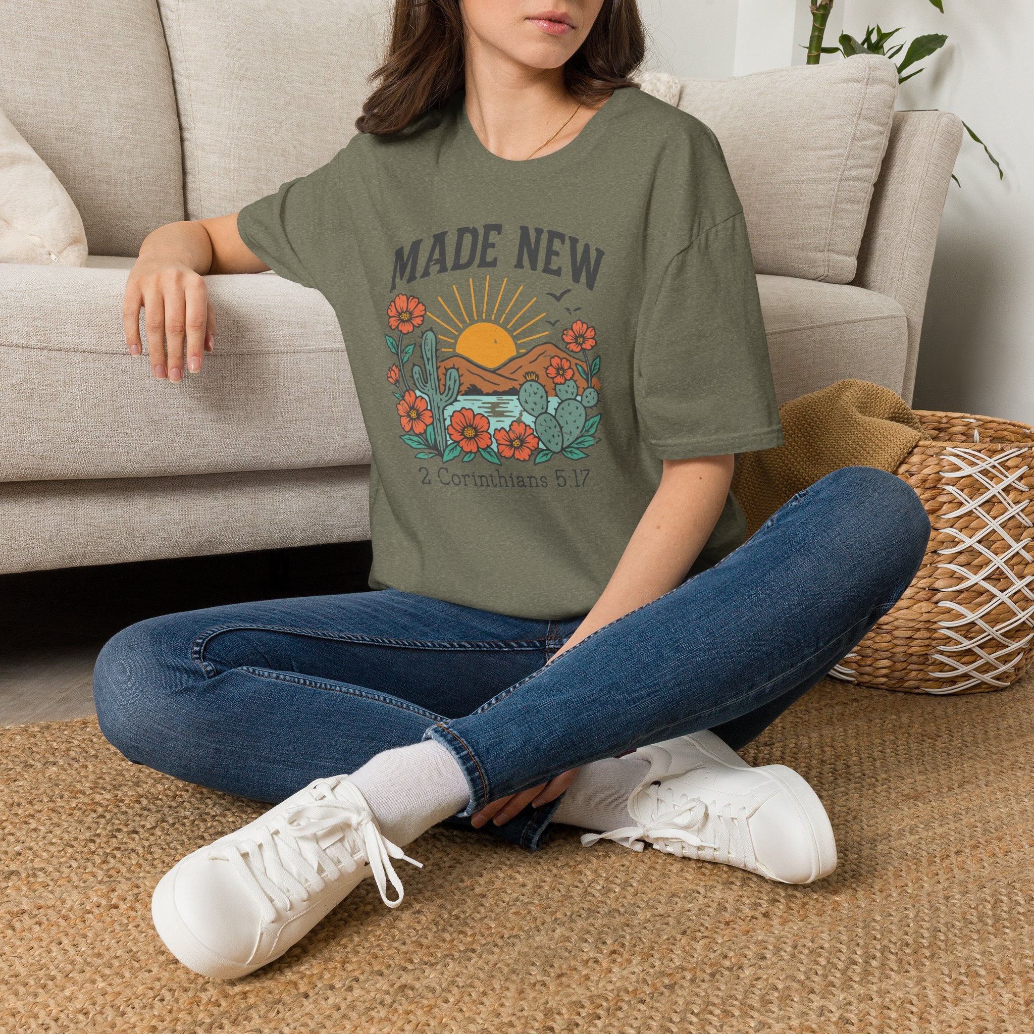 Made New T-Shirt — Vintage Desert Sunrise Christian Graphic Tee (2 Corinthians 5:17)