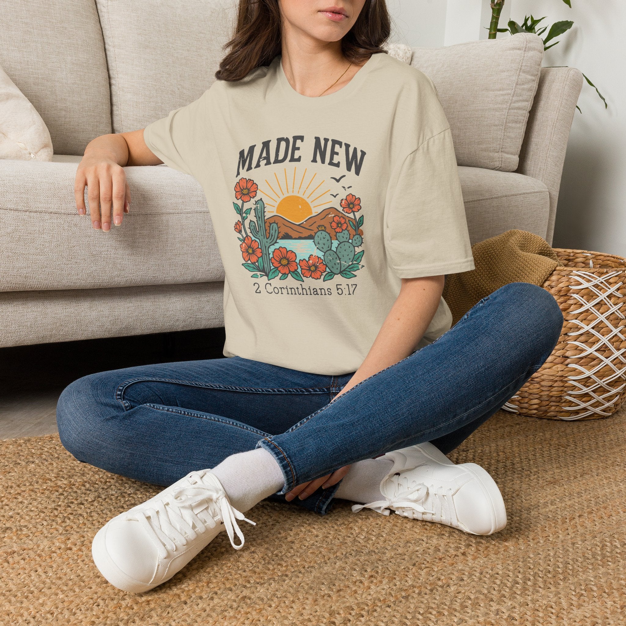 Made New T-Shirt — Vintage Desert Sunrise Christian Graphic Tee (2 Corinthians 5:17)