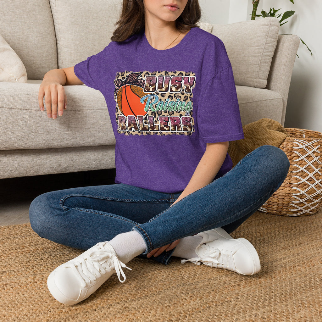 Busy Raising Ballers Basketball Mom T-Shirt — Leopard Print Hoop Design