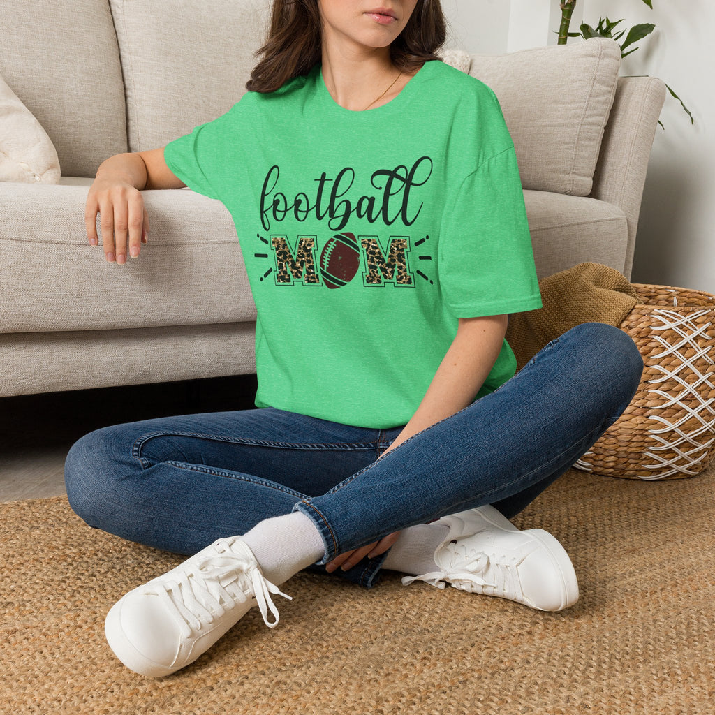 Football Mom Leopard Print Tee — Cute Script Design with Football Graphic