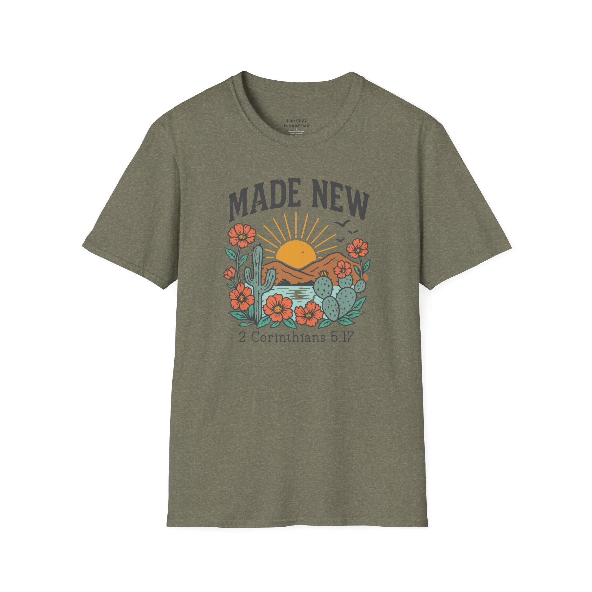 Made New T-Shirt — Vintage Desert Sunrise Christian Graphic Tee (2 Corinthians 5:17)