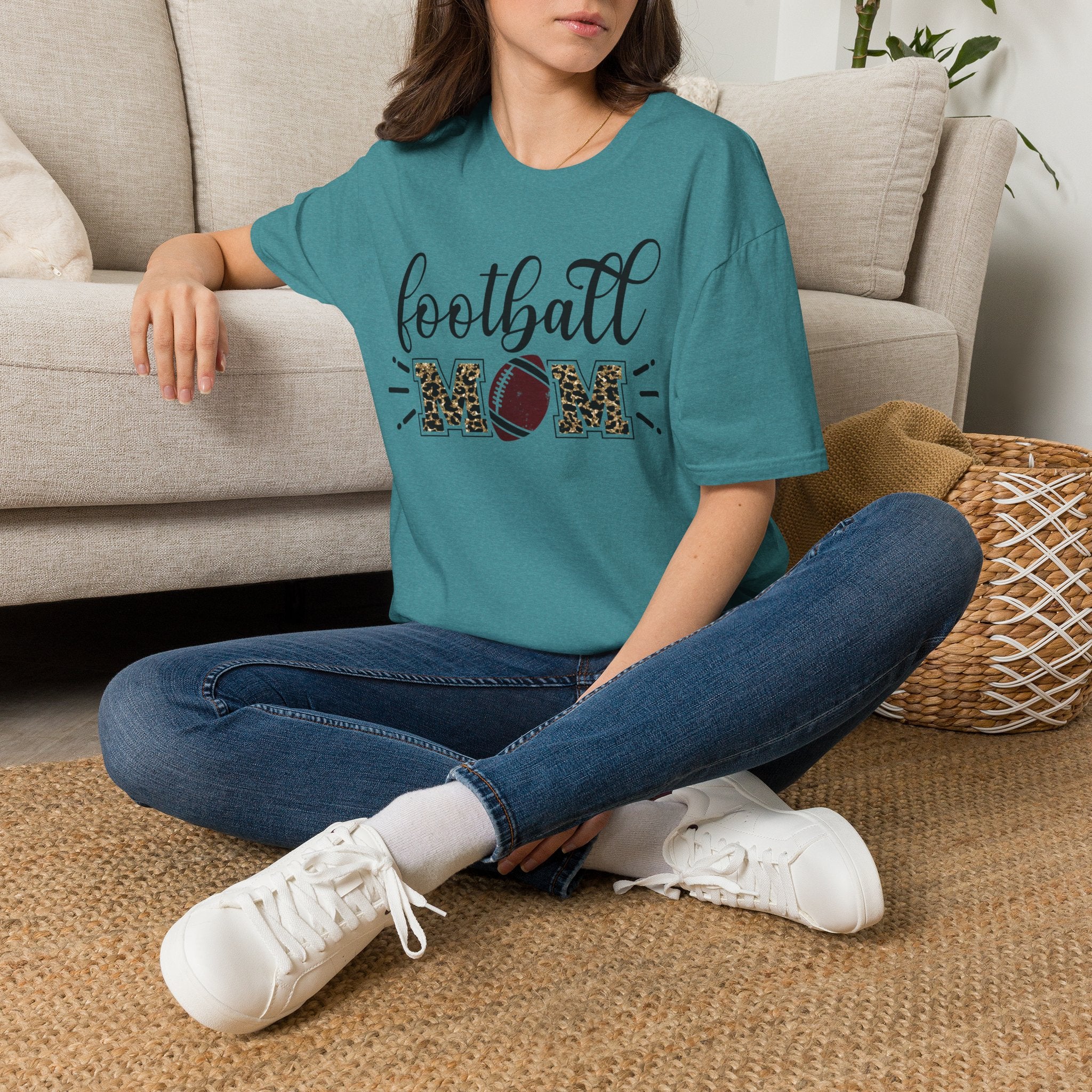 Football Mom Leopard Print Tee — Cute Script Design with Football Graphic