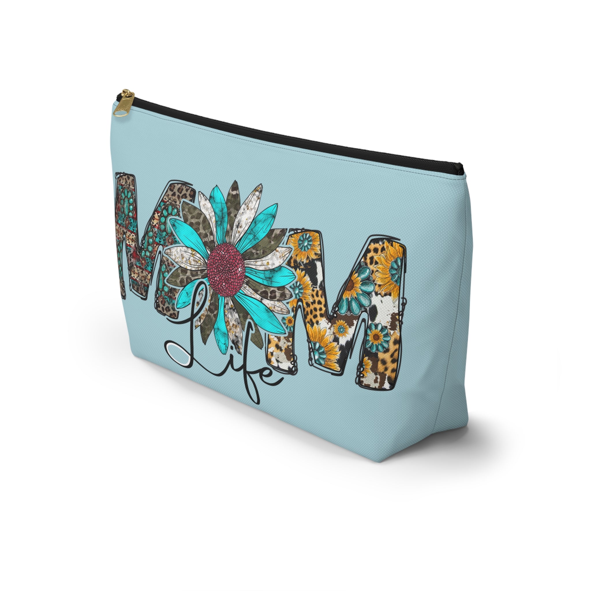 Mom Life Accessory Pouch — Floral Turquoise T‑Bottom Makeup Bag